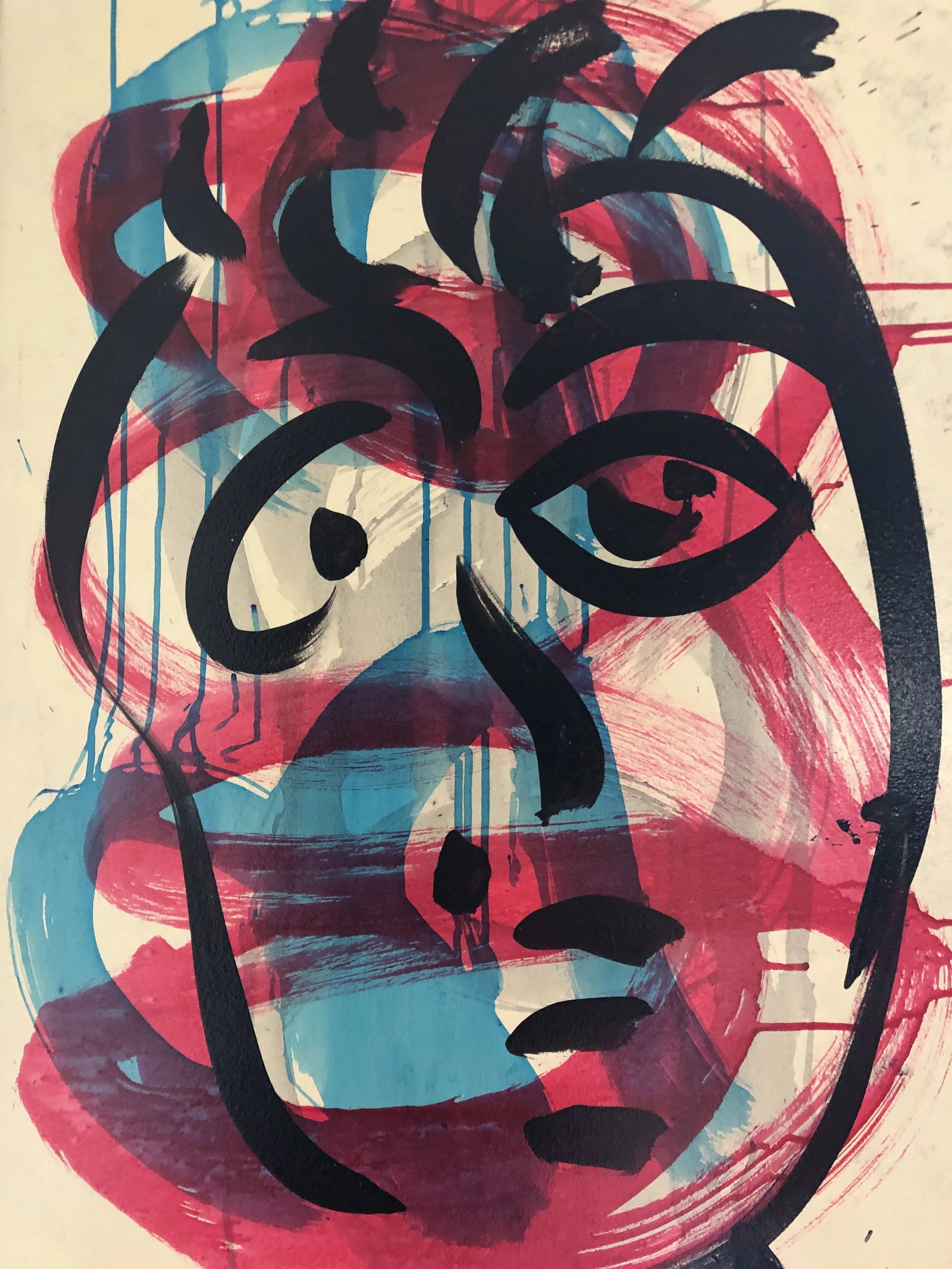 Modern Peter Robert Keil Signed Expressionist Painting With Certificate of Authenticity: One of a grouping of only twelve abstract red and blues ever painted by Peter Keil adopting the short brushstroke with drip method as a backdrop to the abstract 'Picasso' style portrait in black