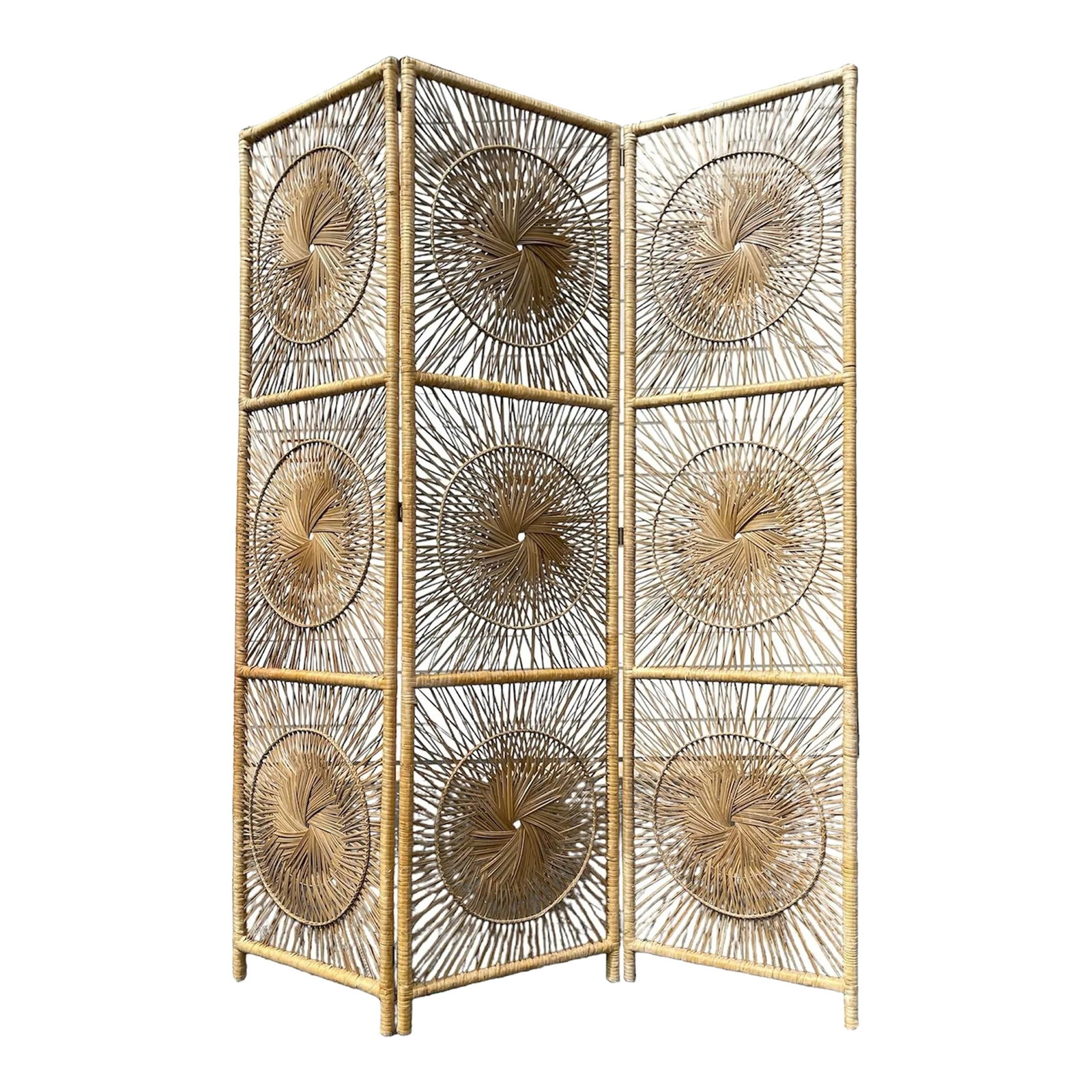 Vintage Three-Panel Sunburst Rattan Divider: Vintage 1970s wrapped rattan three panel room divider is intricately woven (three sections per panel) in a sunburst design. Condition: Alterations: Original Condition Unaltered Imperfections: Some Imp