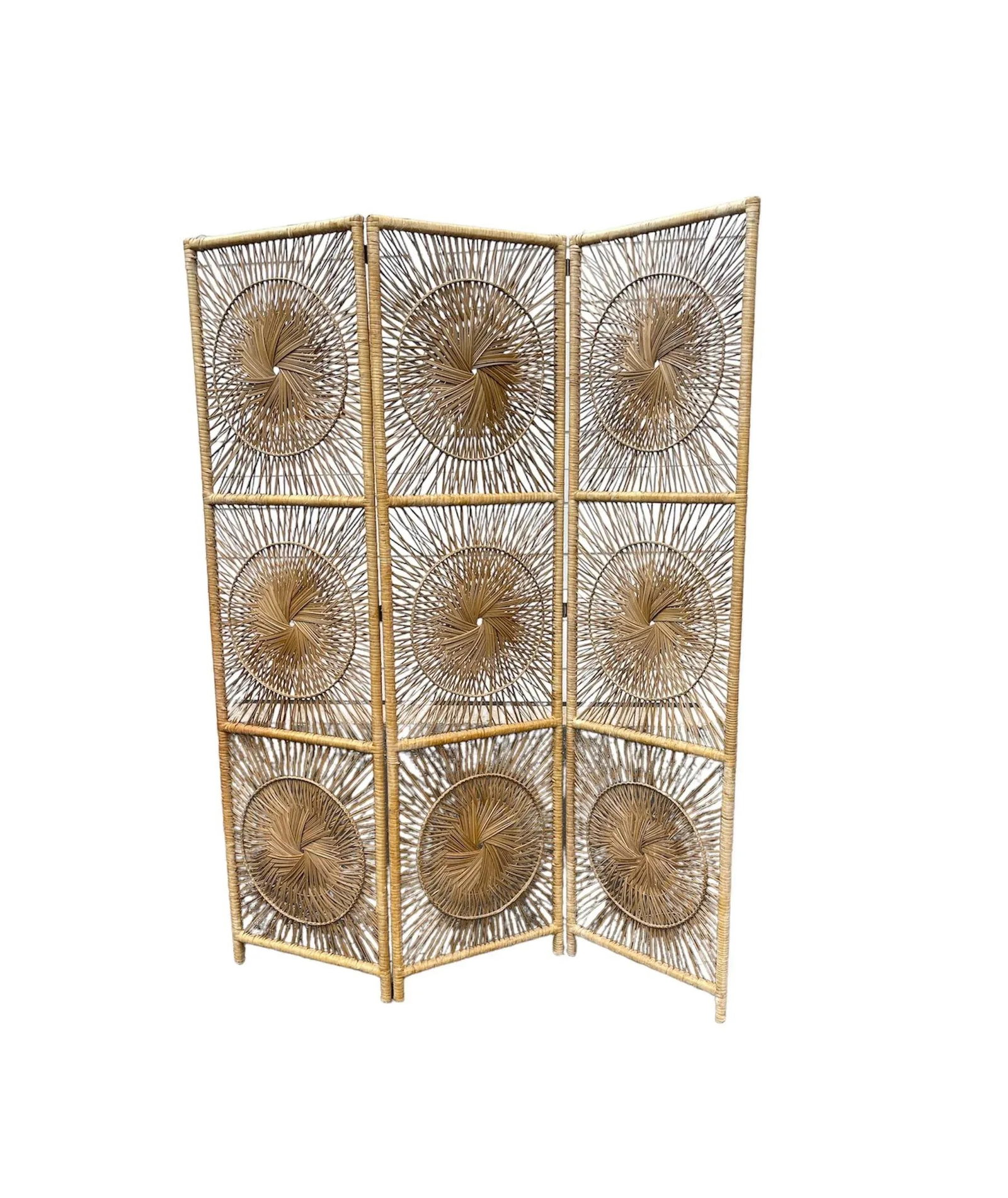 Vintage Three-Panel Sunburst Rattan Divider - 2