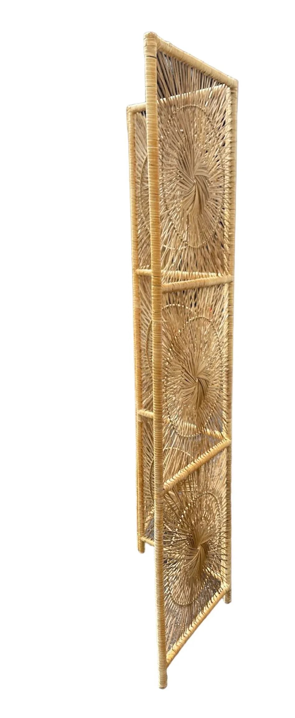 Vintage Three-Panel Sunburst Rattan Divider - 3
