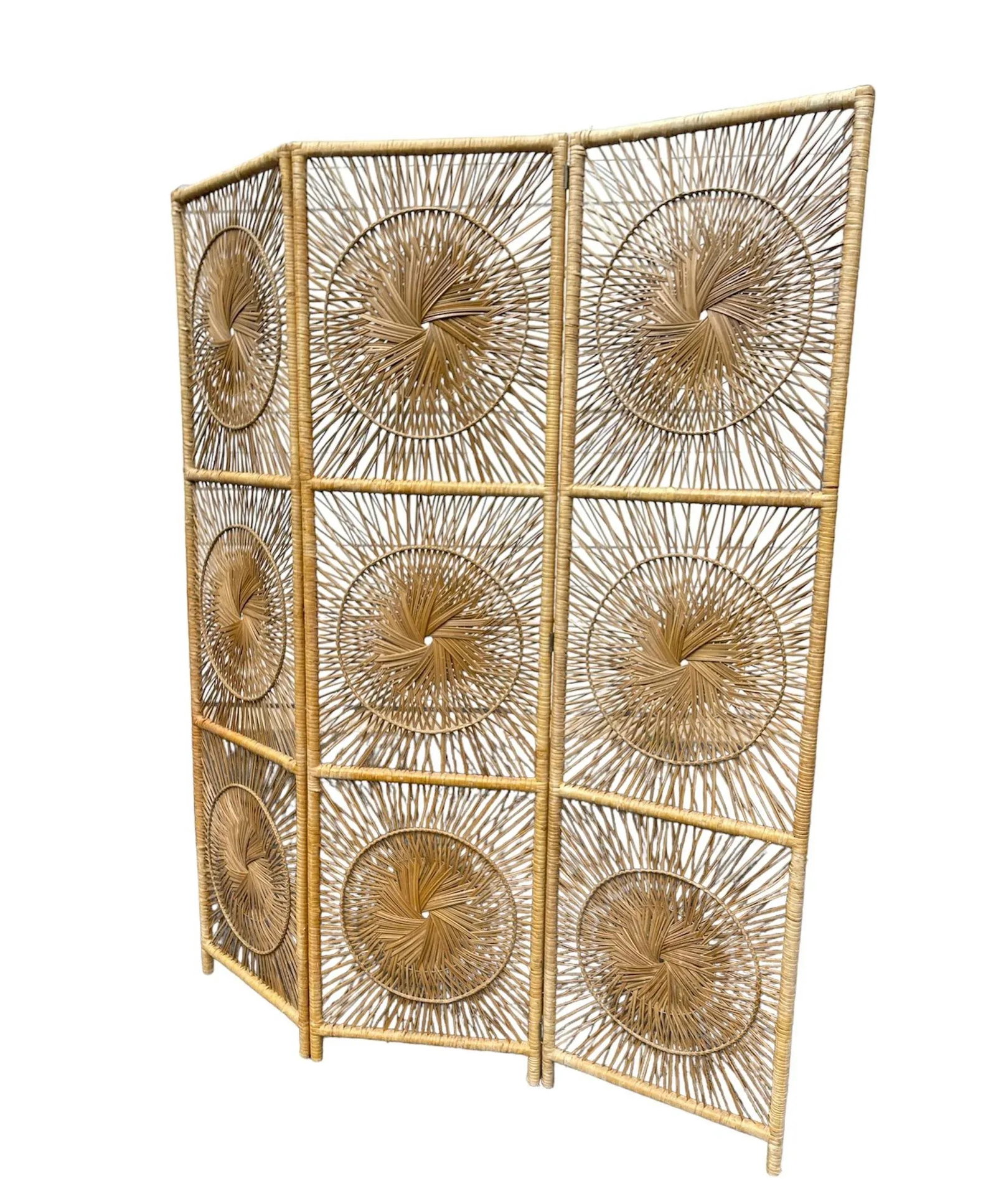 Vintage Three-Panel Sunburst Rattan Divider - 6