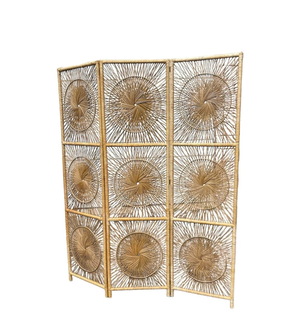 Vintage Three-Panel Sunburst Rattan Divider - 7