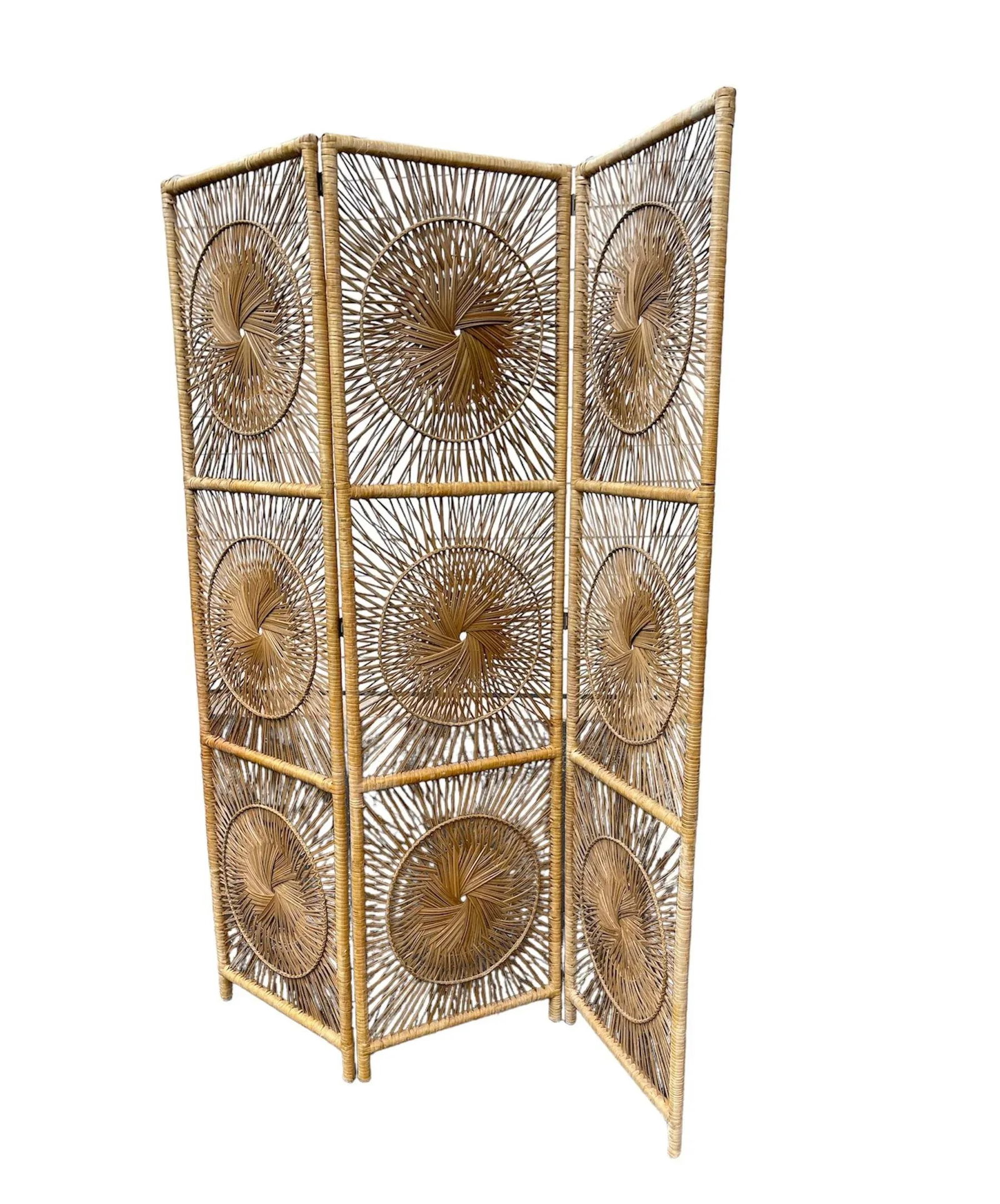 Vintage Three-Panel Sunburst Rattan Divider - 8