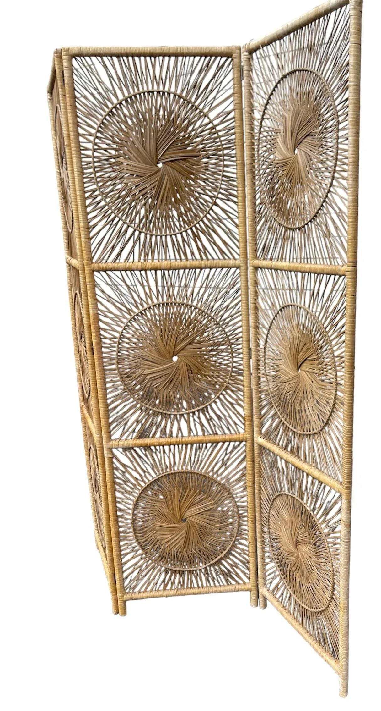 Vintage Three-Panel Sunburst Rattan Divider - 9