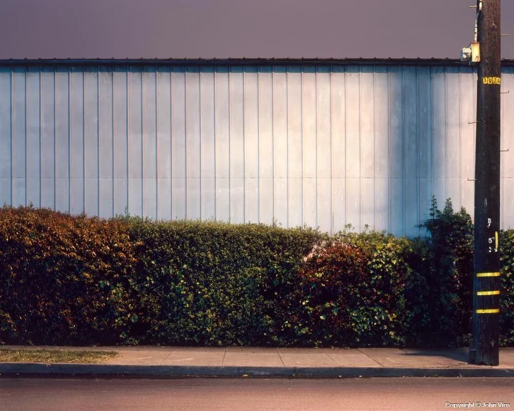 Contemporary Night Photograph "Wall and Hedge" by John Vias: Note from the artist, John Vias: "The contrast between the natural and human-made, the soft and hard, the green and gray, drew me to this almost-abstract scene." This 11" x 14" archival color