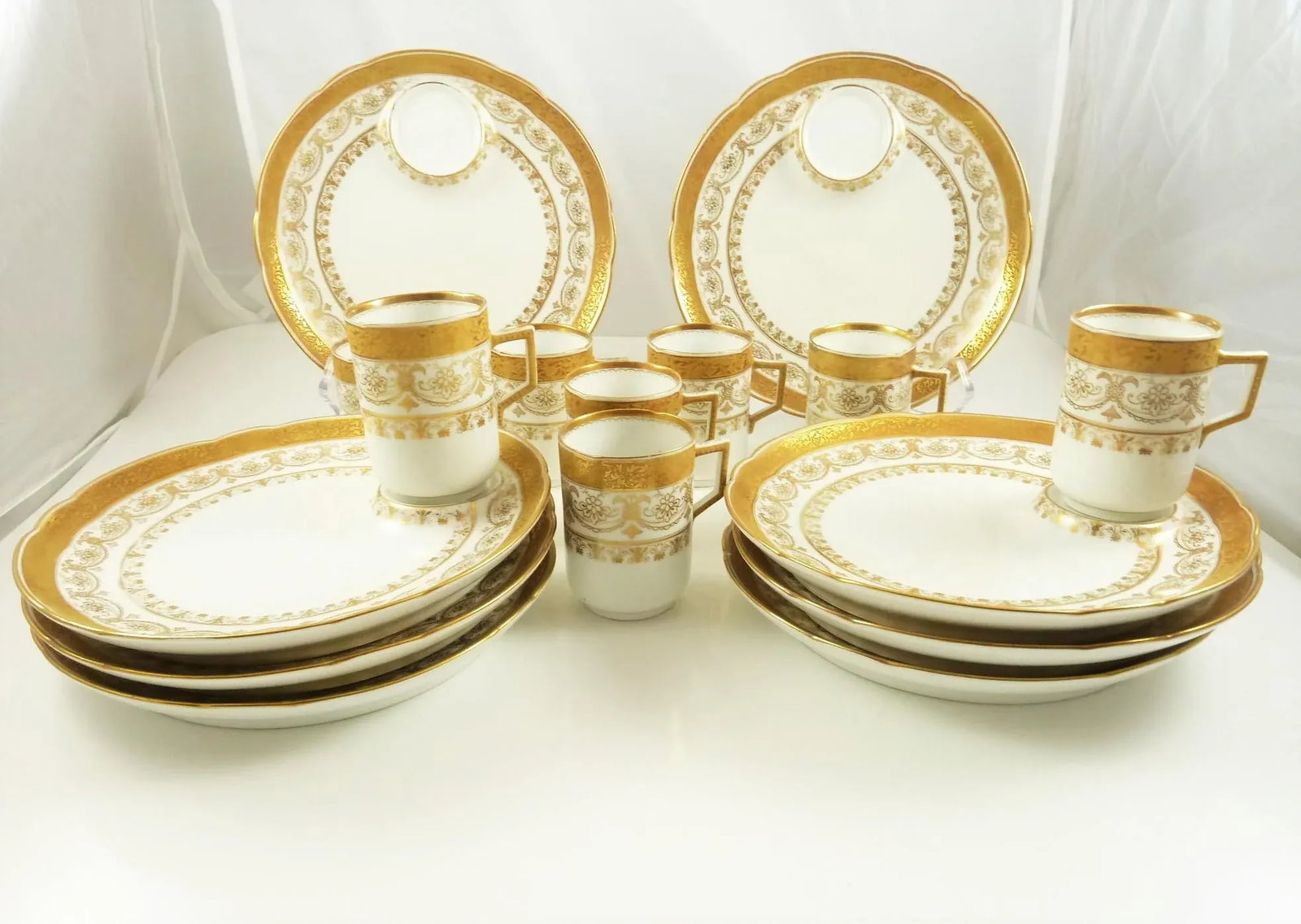 Antique Porcelain Dessert Plates & Demitasse/Espresso Cups Gilt C1890 - Set of Eight - 11