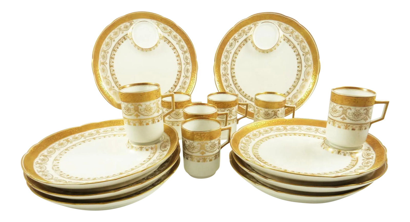 Antique Porcelain Dessert Plates & Demitasse/Espresso Cups Gilt C1890 - Set of Eight: A fine service for dessert served with a bit of espresso or your favorite after dinner beverage. The cups could also be used for desserts such as chocolate mousse with fresh fruit served on the