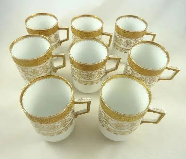 Antique Porcelain Dessert Plates & Demitasse/Espresso Cups Gilt C1890 - Set of Eight - 4