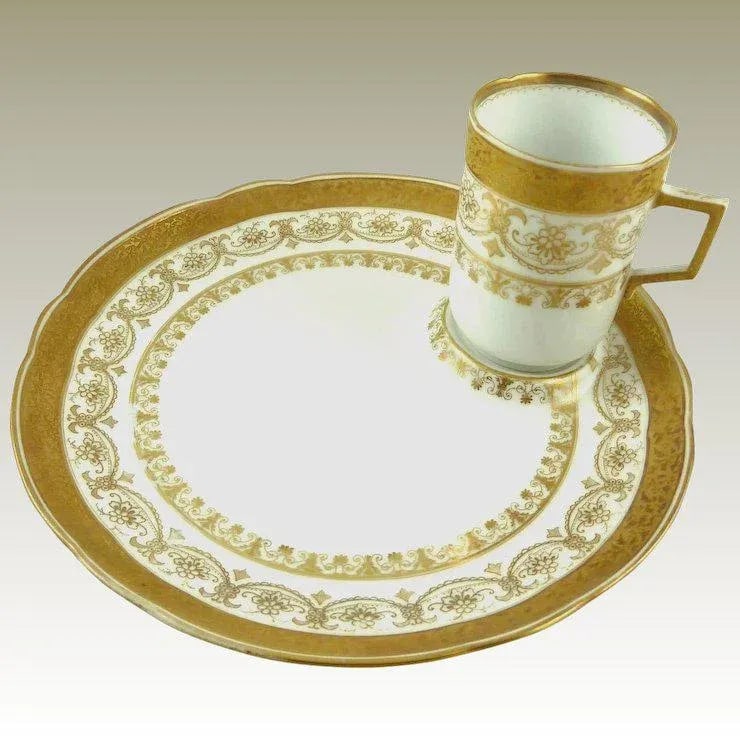 Antique Porcelain Dessert Plates & Demitasse/Espresso Cups Gilt C1890 - Set of Eight - 5
