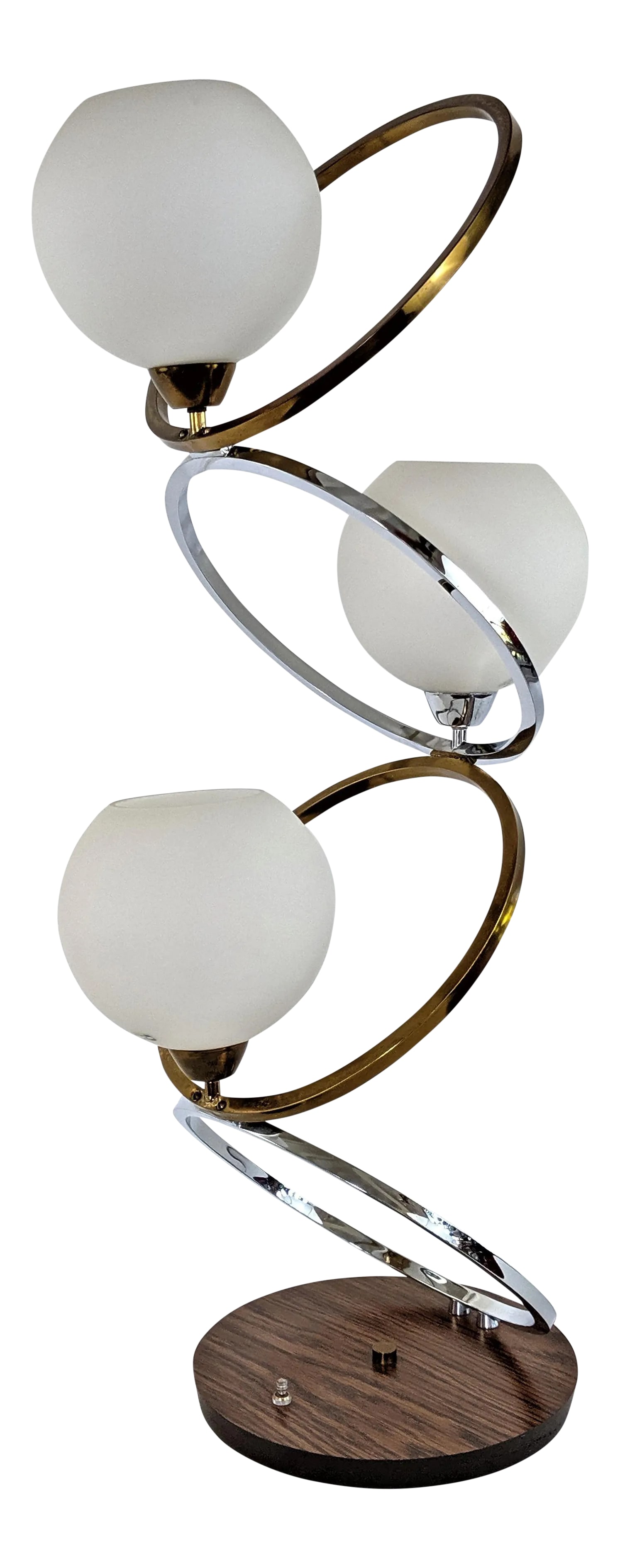 1970s Chrome and Brass Zigzag Rings and Glass Globes Mid Century Lamp: Sculptural lamp consists of 4 rings, two chrome two brass, staggered in a zigzag order with 3 frosted glass globes and a switch on its base. Two globes have Made in Sweden Stickers. Condition: