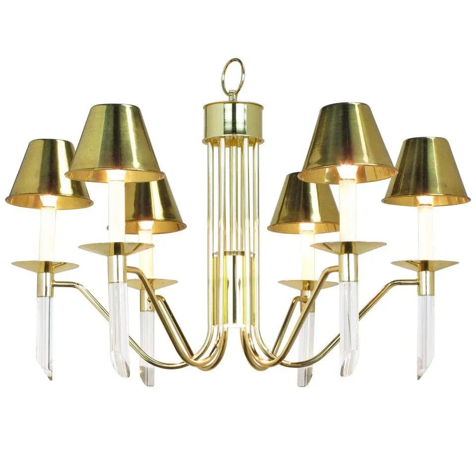 Seven Light Brass & Lucite Chandelier With Brass Shades - 11