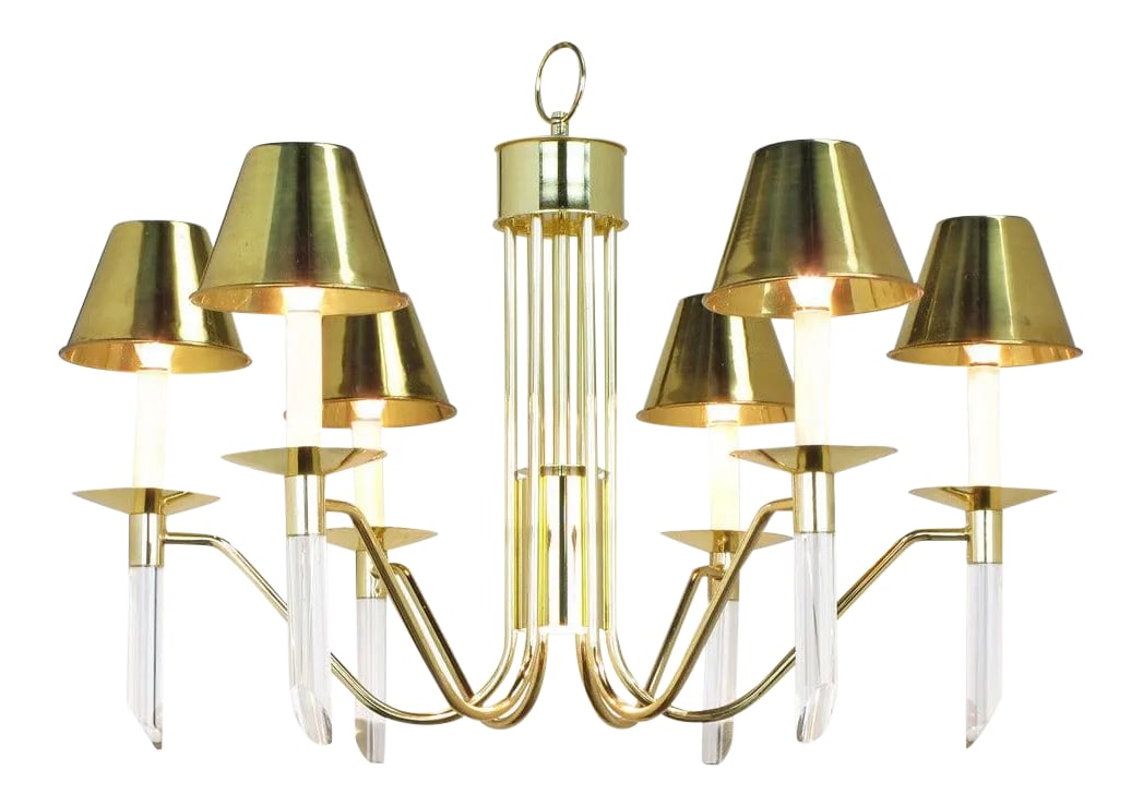 Seven Light Brass & Lucite Chandelier With Brass Shades: Six arm, brass and lucite chandelier by Forecast Lighting circa 1980s. Inverted spider-like arms with thin bobeches and angle cut lucite rods. Center downlight as seen in image 6. Total drop with