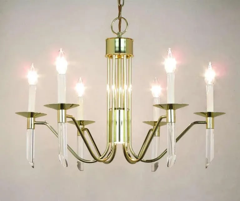 Seven Light Brass & Lucite Chandelier With Brass Shades - 2
