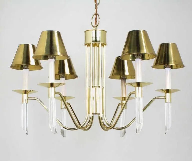 Seven Light Brass & Lucite Chandelier With Brass Shades - 3