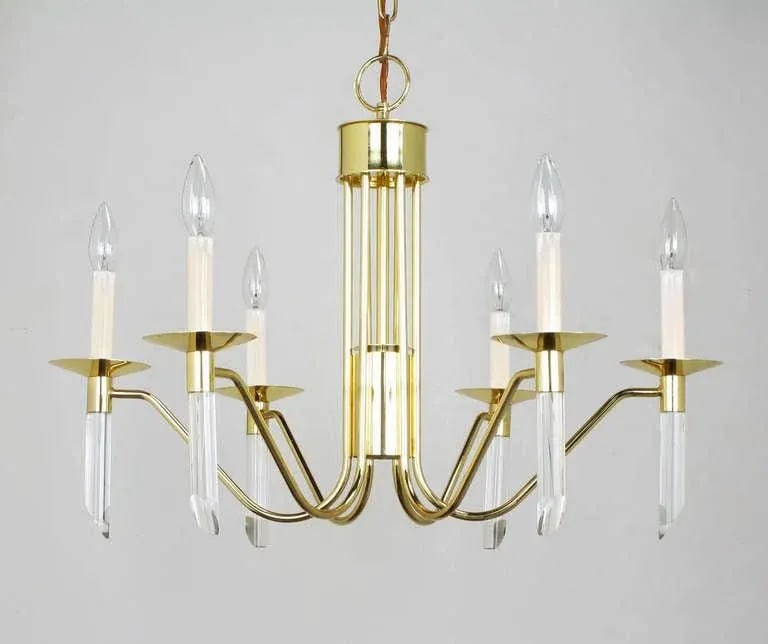Seven Light Brass & Lucite Chandelier With Brass Shades - 4
