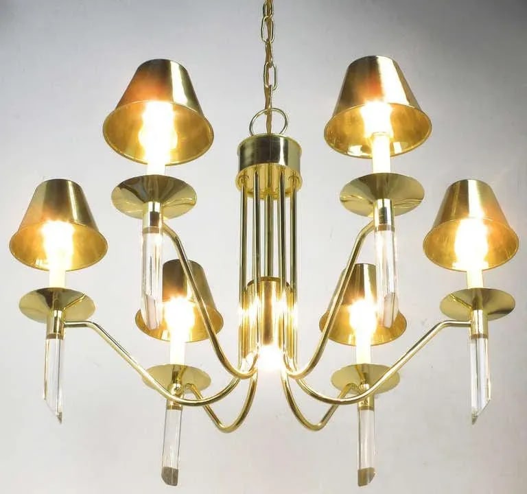Seven Light Brass & Lucite Chandelier With Brass Shades - 5