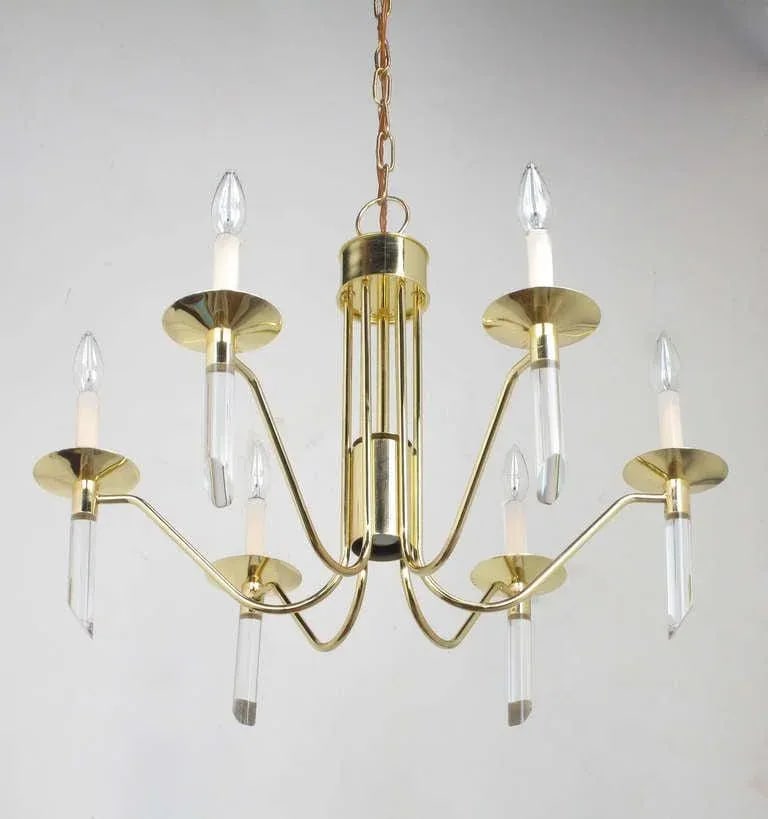 Seven Light Brass & Lucite Chandelier With Brass Shades - 6