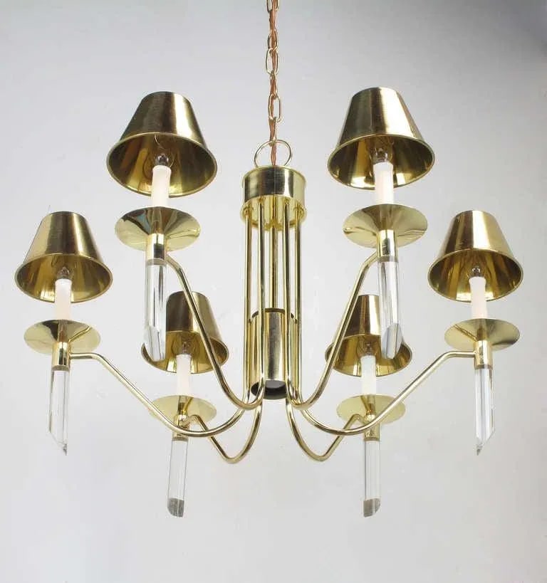 Seven Light Brass & Lucite Chandelier With Brass Shades - 7