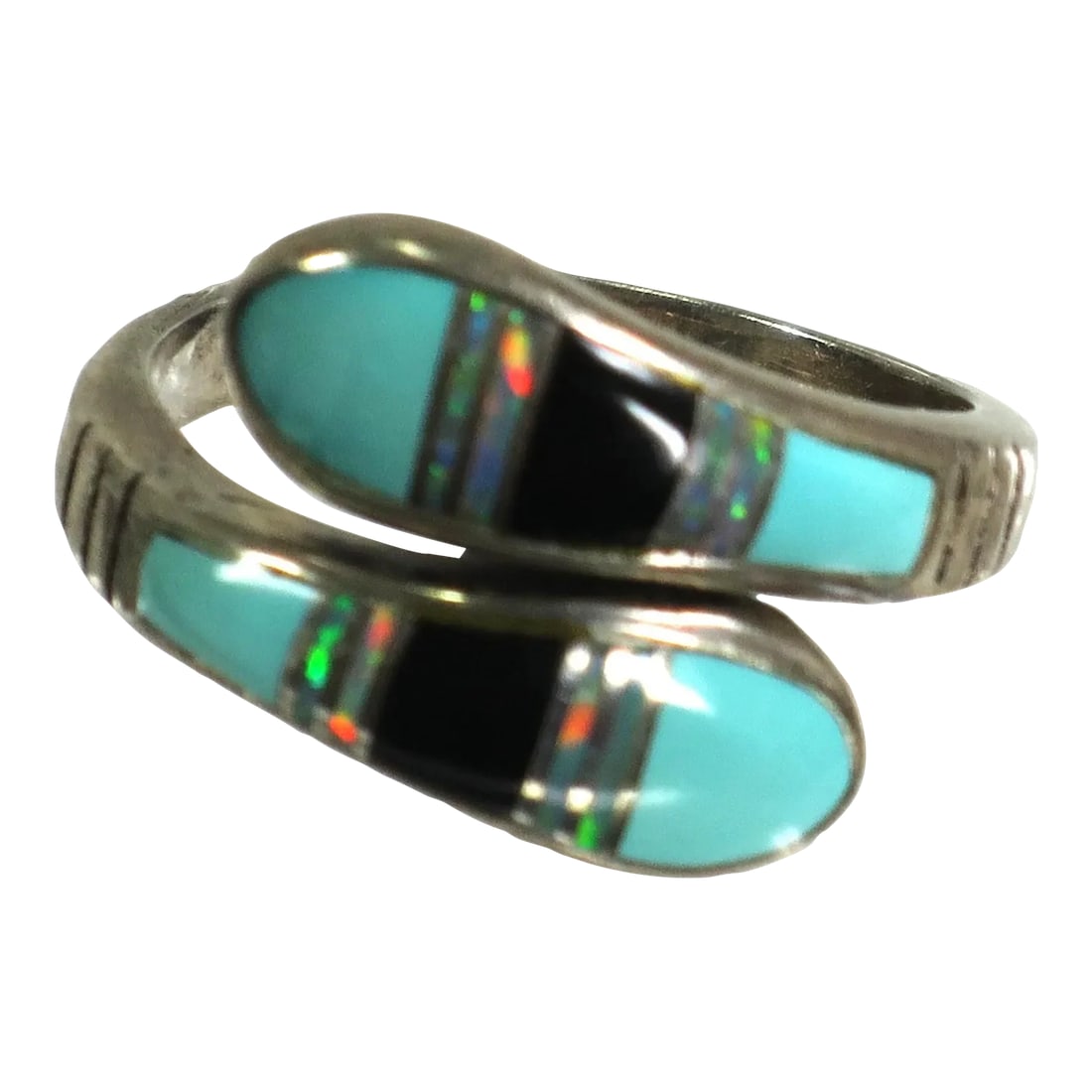 Vintage 1970s Zuni Sterling Turquoise Opal Onyx Bypass Ring Size 7: 1970s Native American Zuni artist-signed sterling bypass ring inlaid with turquoise, opals, and onyx. Sky-blue turquoise stones flank bands of fire opal and onyx, with thin silver bands in between the