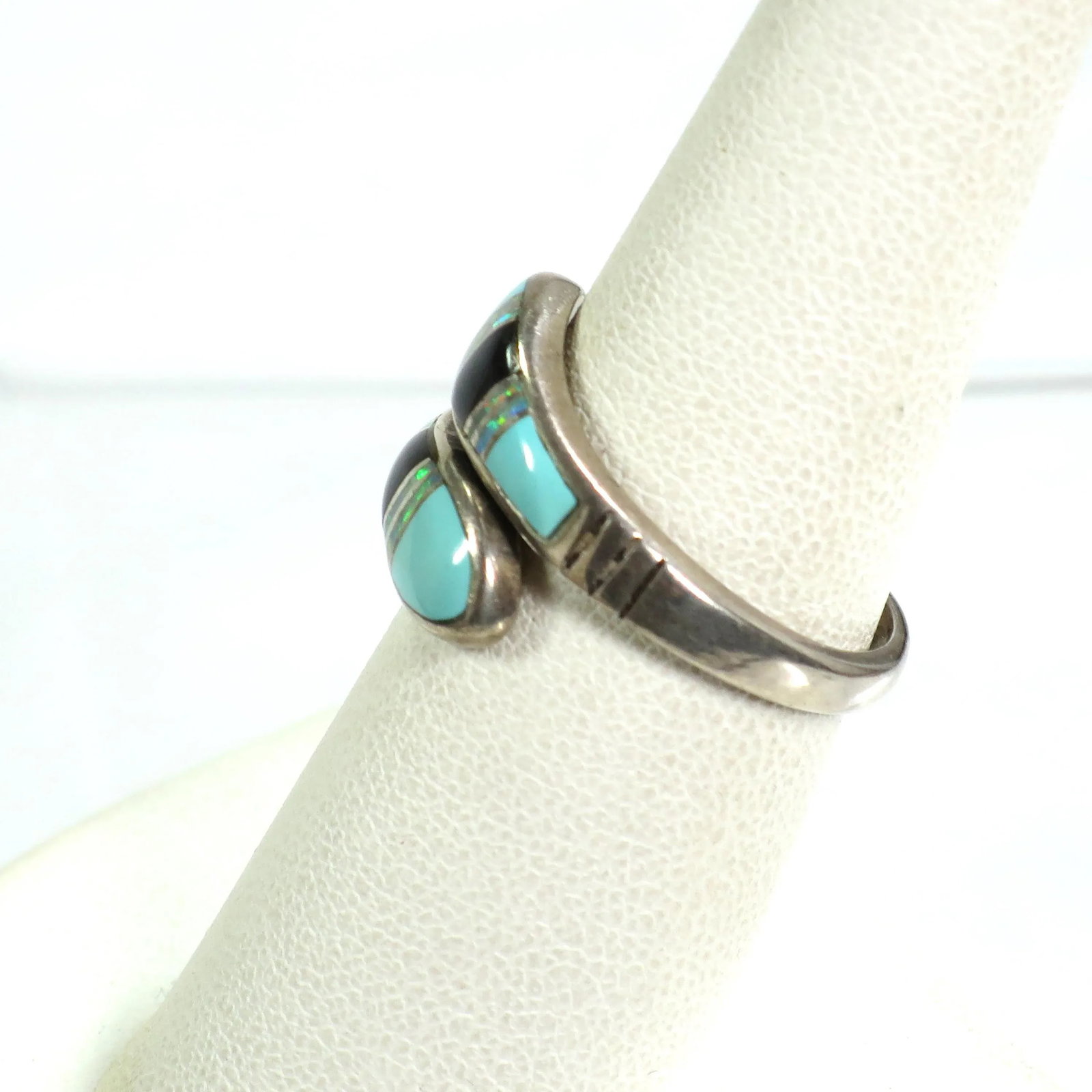 Vintage 1970s Zuni Sterling Turquoise Opal Onyx Bypass Ring Size 7 - 5
