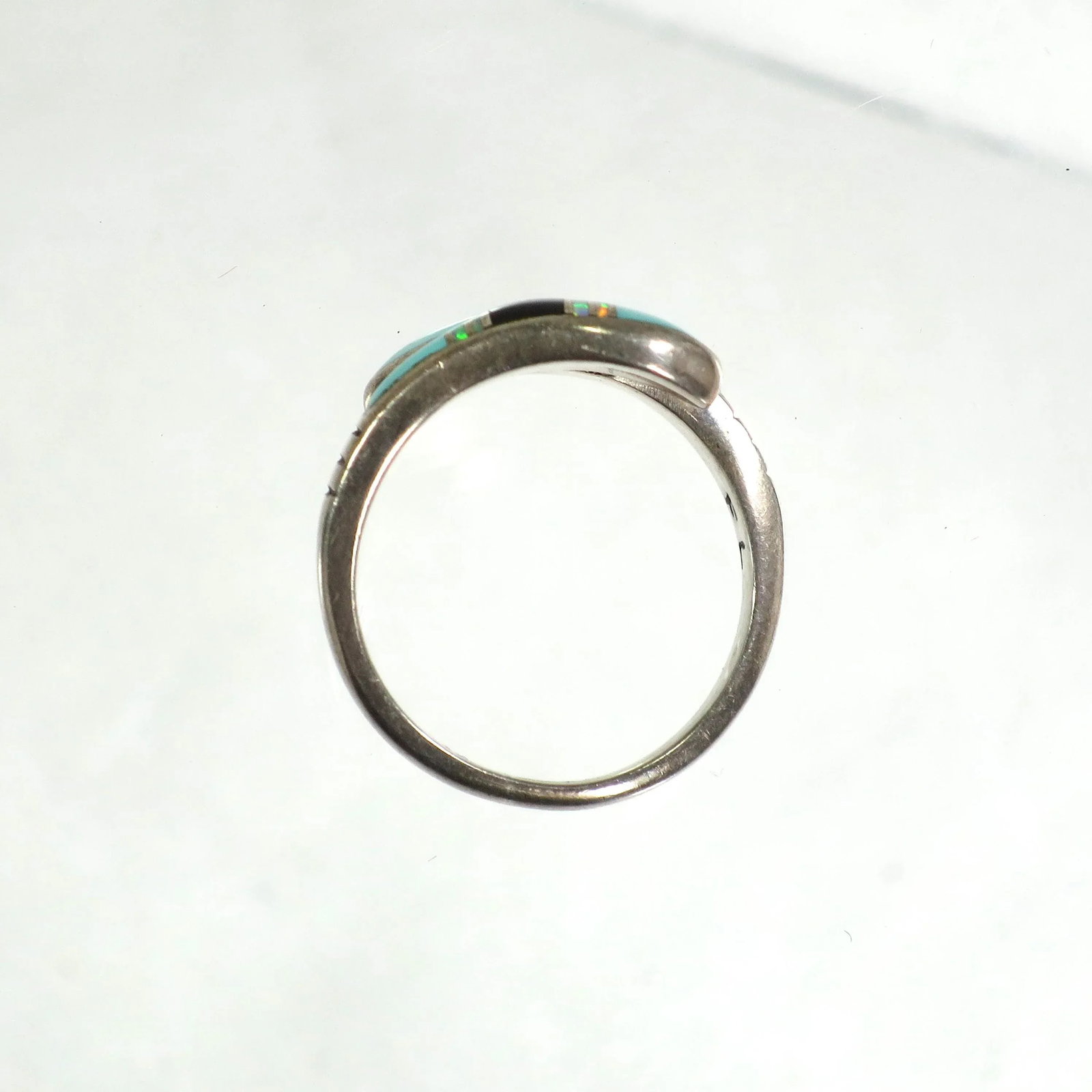Vintage 1970s Zuni Sterling Turquoise Opal Onyx Bypass Ring Size 7 - 7