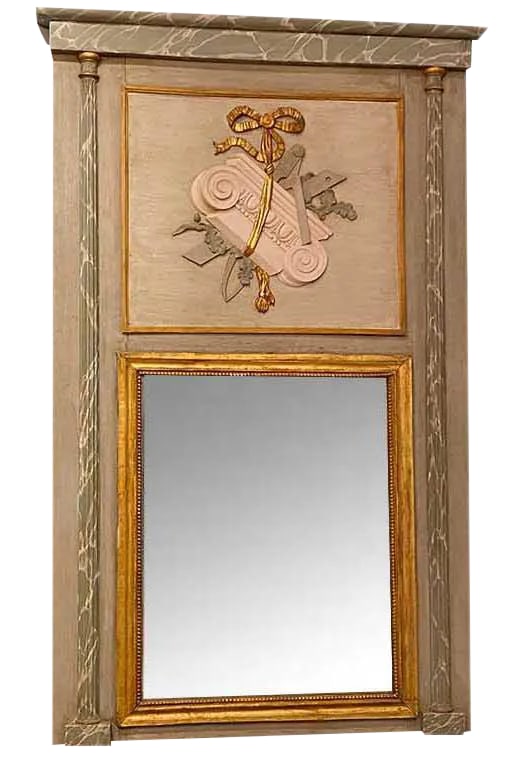 19th Century French Painted Trumeau Mirror: 19th Century French Painted Trumeau Mirror 41" Wide x 64.5" High Condition: Alterations: Original Condition Unaltered Imperfections: Some Imperfections Condition Notes: Excellent condition with wear c