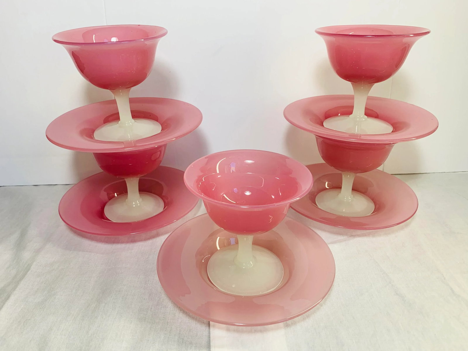 1920s Antique Steuben Carder Pink Rosaline Glass Goblets With Matching Plates - Set of 10 - 10