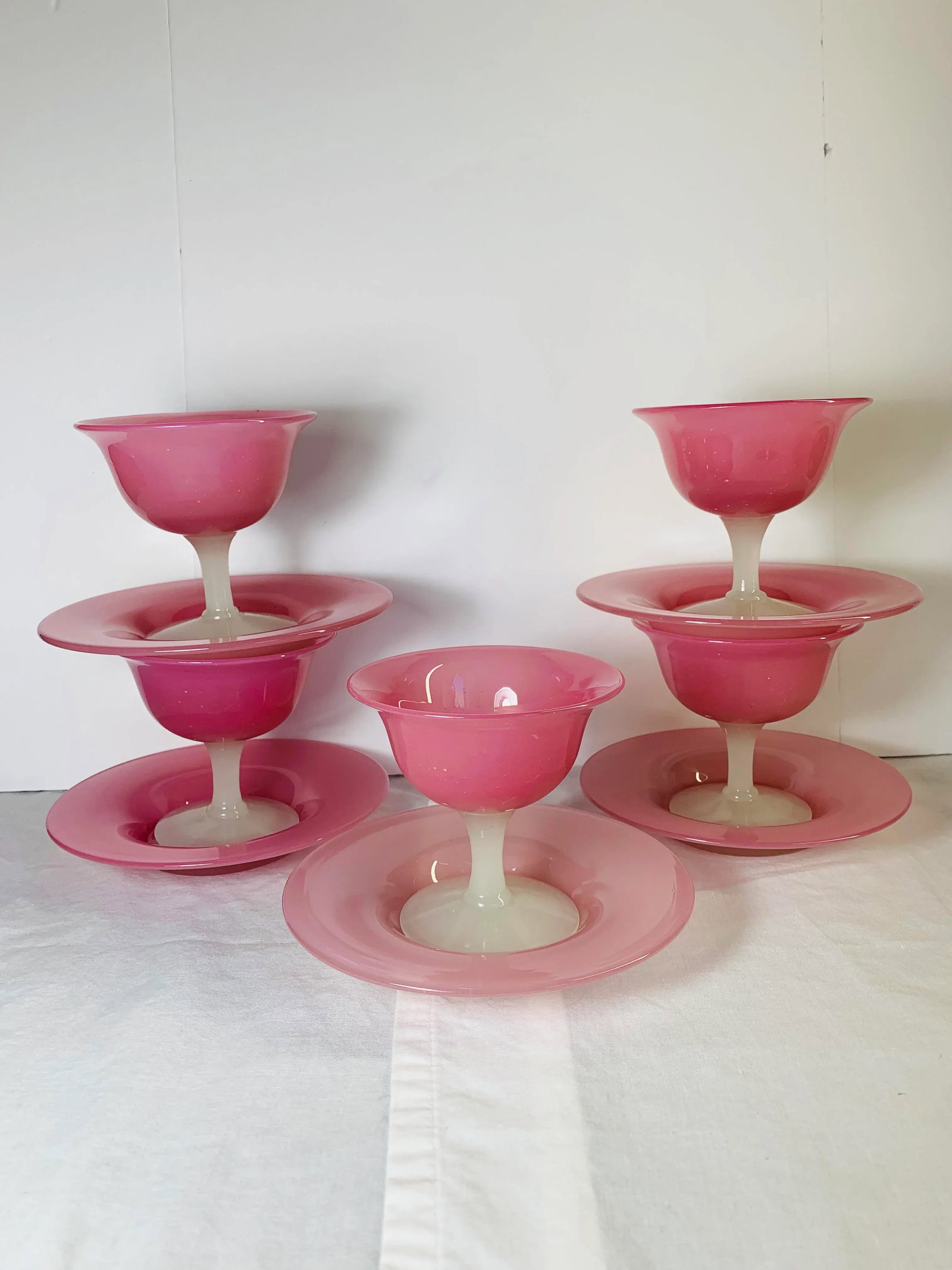 1920s Antique Steuben Carder Pink Rosaline Glass Goblets With Matching Plates - Set of 10 - 12