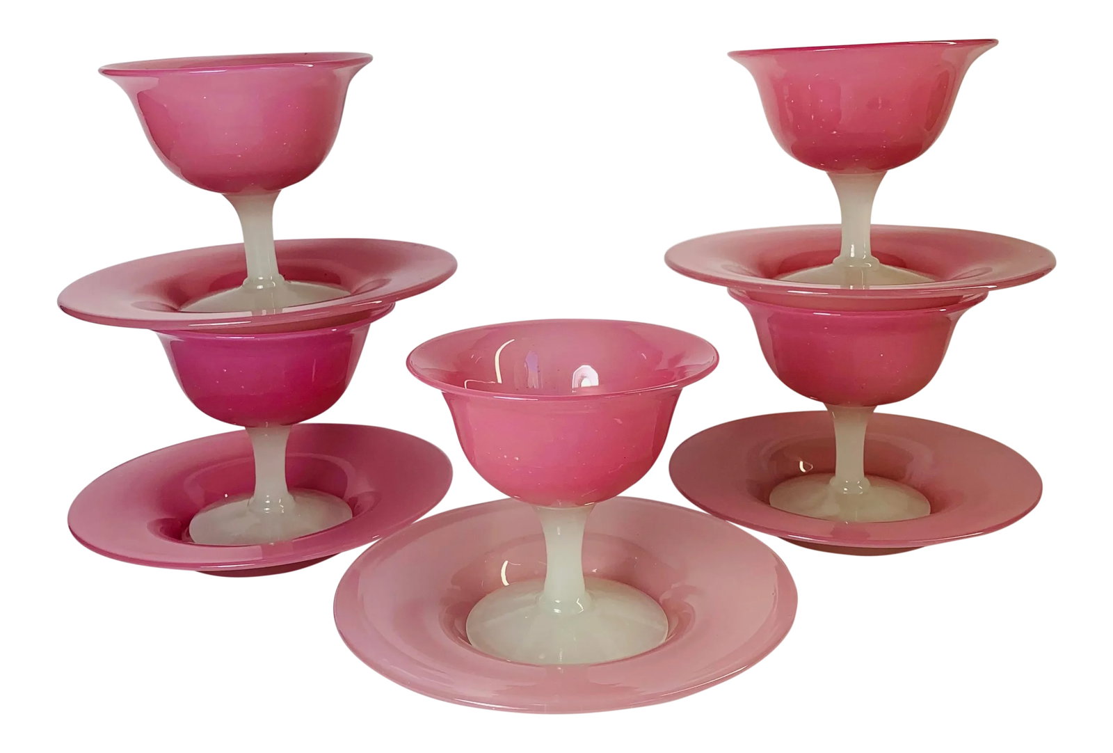 1920s Antique Steuben Carder Pink Rosaline Glass Goblets With Matching Plates - Set of 10: Offered is this rare Steuben Rosaline and White stemware set of sherbet glasses and matching under plates. These luxurious glasses have a white opalescent stem with a round foot and a pink cup with a 