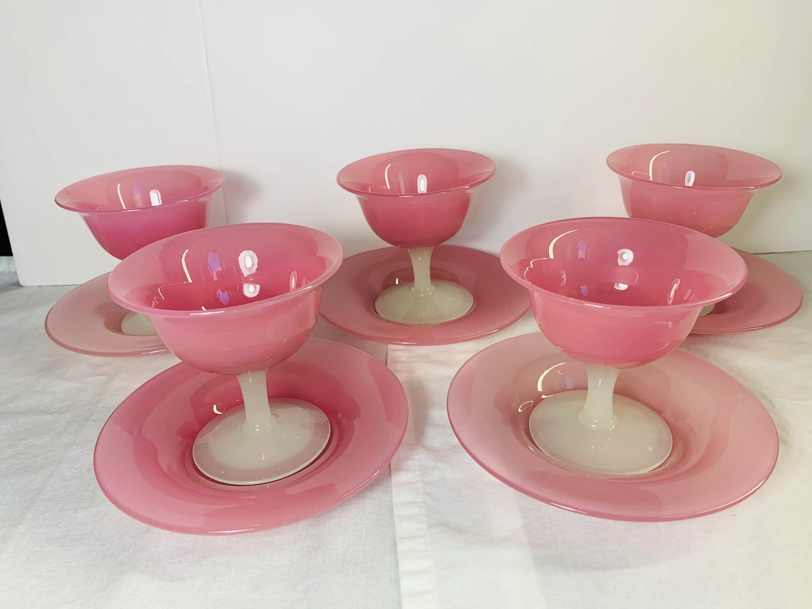 1920s Antique Steuben Carder Pink Rosaline Glass Goblets With Matching Plates - Set of 10 - 2