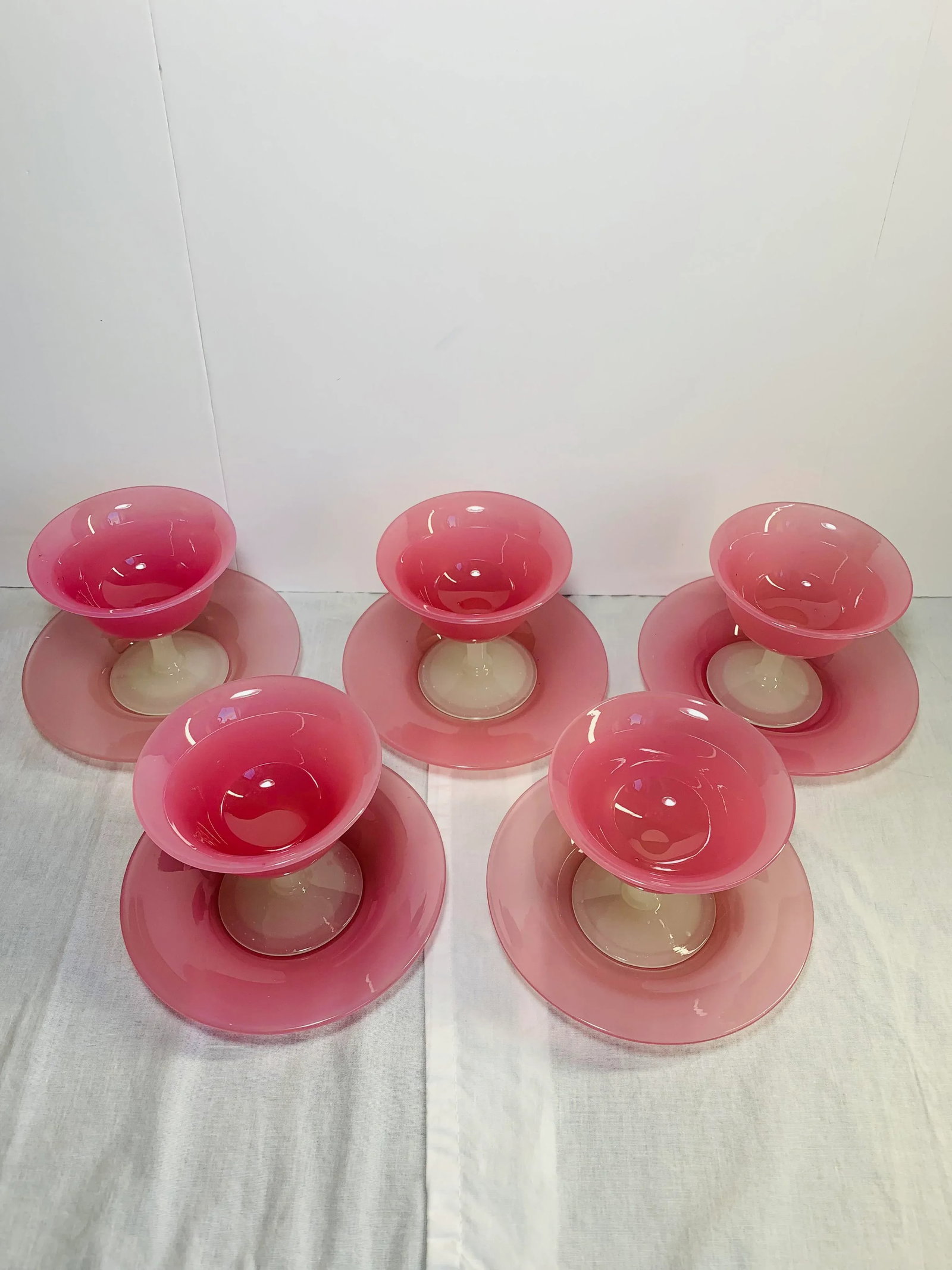 1920s Antique Steuben Carder Pink Rosaline Glass Goblets With Matching Plates - Set of 10 - 3