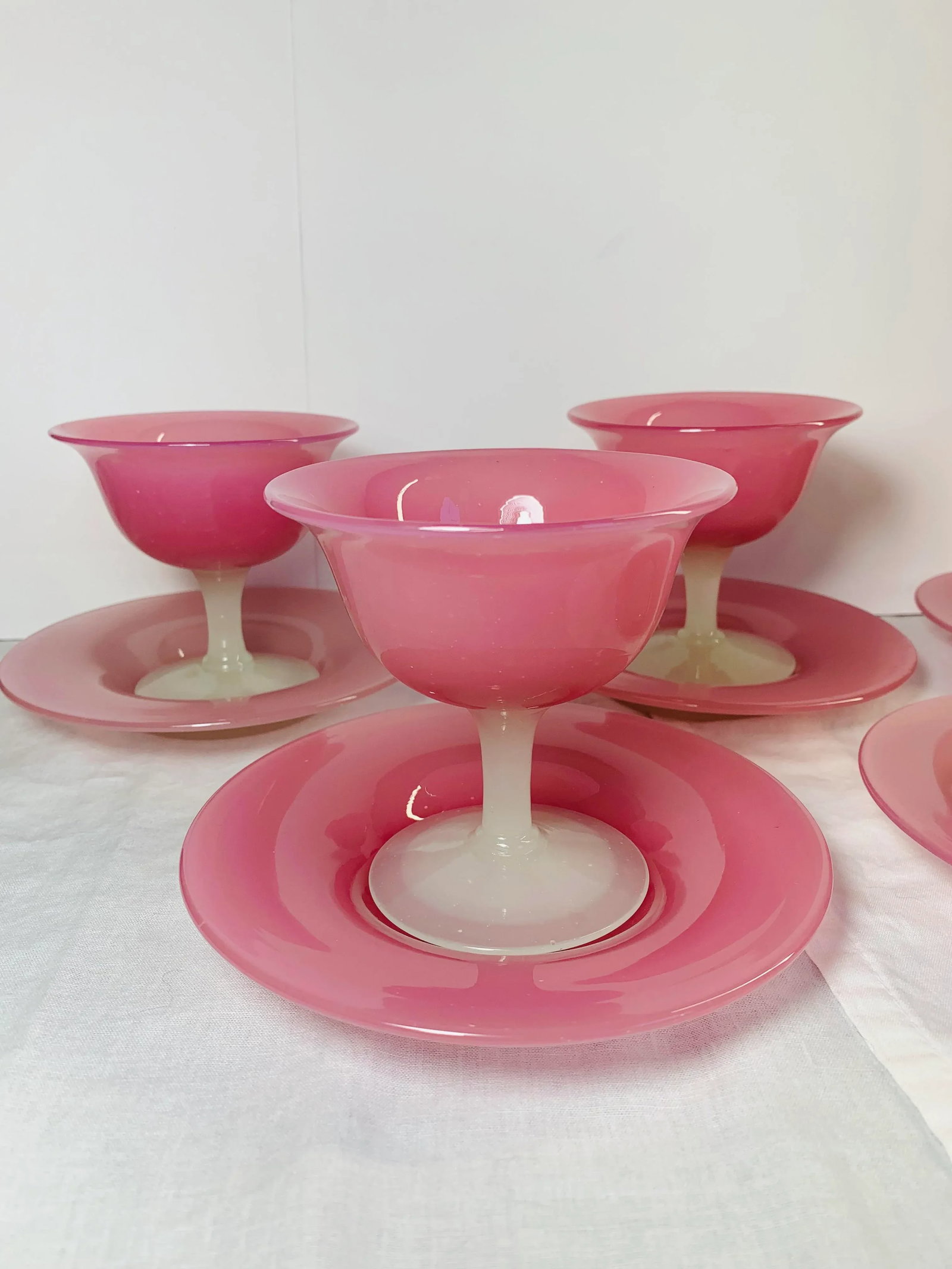 1920s Antique Steuben Carder Pink Rosaline Glass Goblets With Matching Plates - Set of 10 - 4