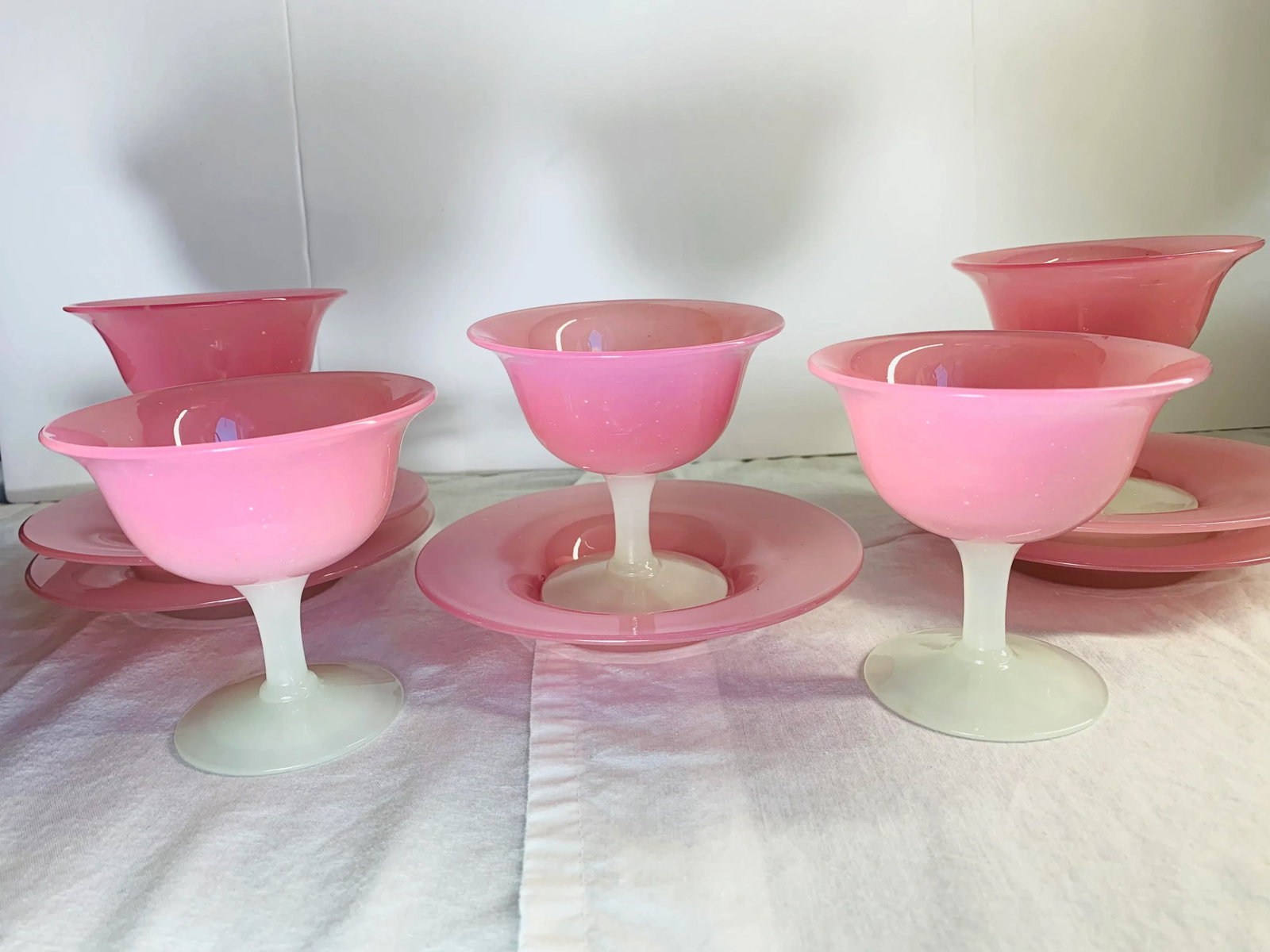 1920s Antique Steuben Carder Pink Rosaline Glass Goblets With Matching Plates - Set of 10 - 5