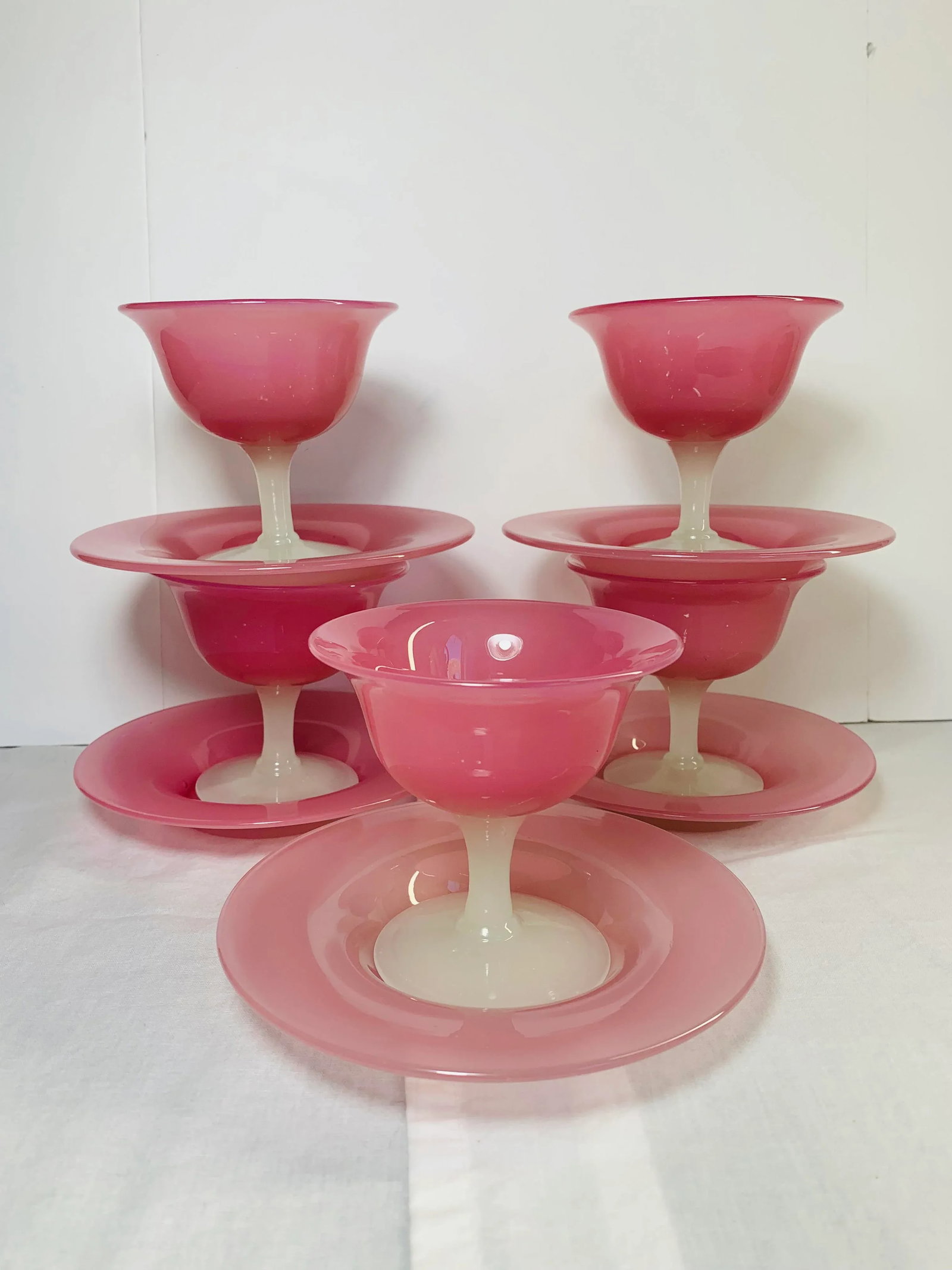 1920s Antique Steuben Carder Pink Rosaline Glass Goblets With Matching Plates - Set of 10 - 8