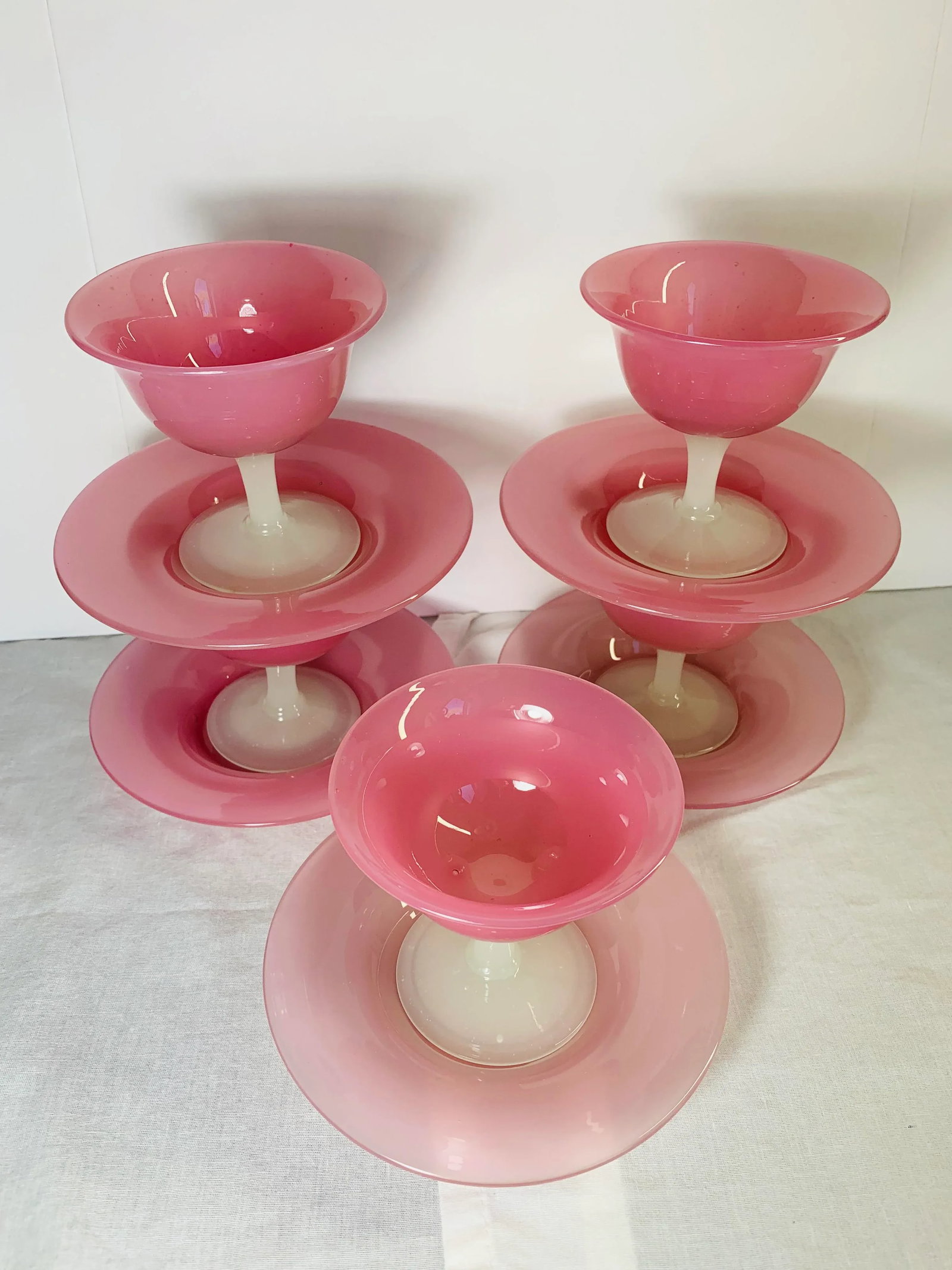 1920s Antique Steuben Carder Pink Rosaline Glass Goblets With Matching Plates - Set of 10 - 9