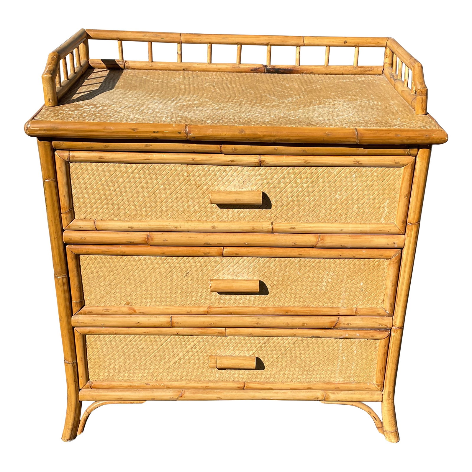 1970s Vintage Grasscloth and Bamboo Nightstand: Vintage grasscloth and bamboo three drawer nightstand. Perfect coastal decor in the manner of Franco Albini or McGuire. Drawers open smoothly. Minor wear to grasscloth top. Solid construction.