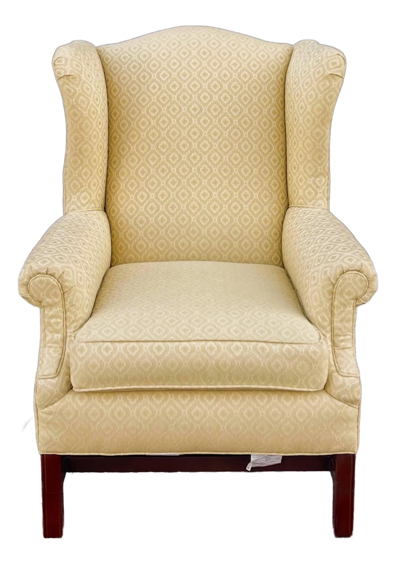 Vintage Pennsylvania House Chippendale Cherry & Gold Wingback Lounge Chair: A vintage Pennsylvania House Traditional Chippendale style wingback lounge chair having a cherry frame with block legs and gold upholstery. American made. Circa late 20th century. The chair measures 3