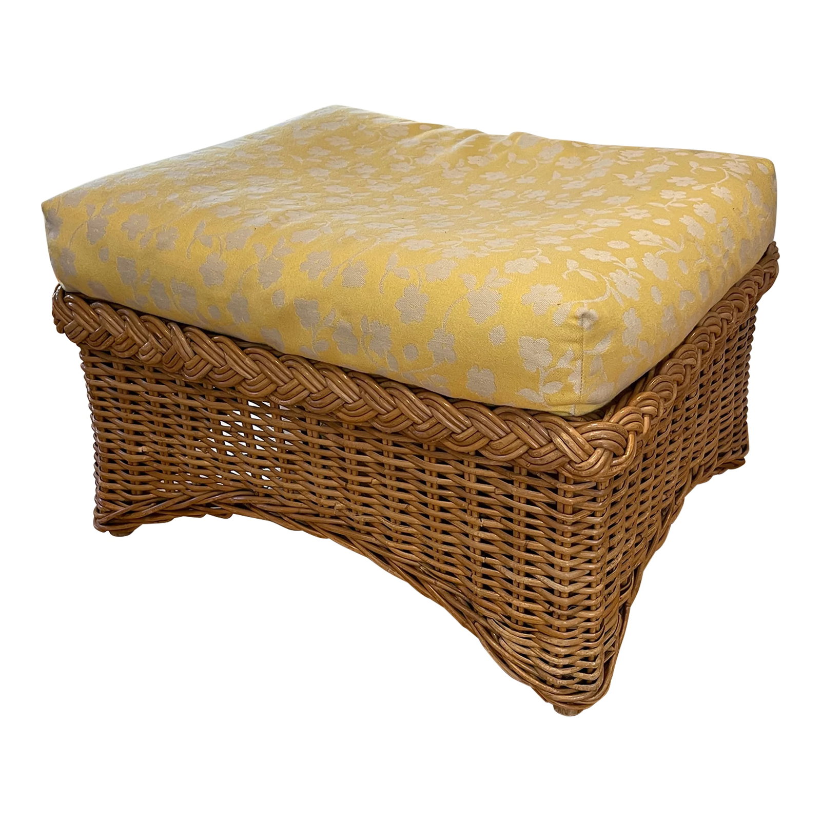 1970s Vintage McGuire Rattan Upholstered Ottoman: Stunning and functional vintage McGuire Rattan ottoman with upholstered cushion. Nice rectangular shape, gorgeous patina on rattan and is in excellent vintage condition for its age and use. Cushion