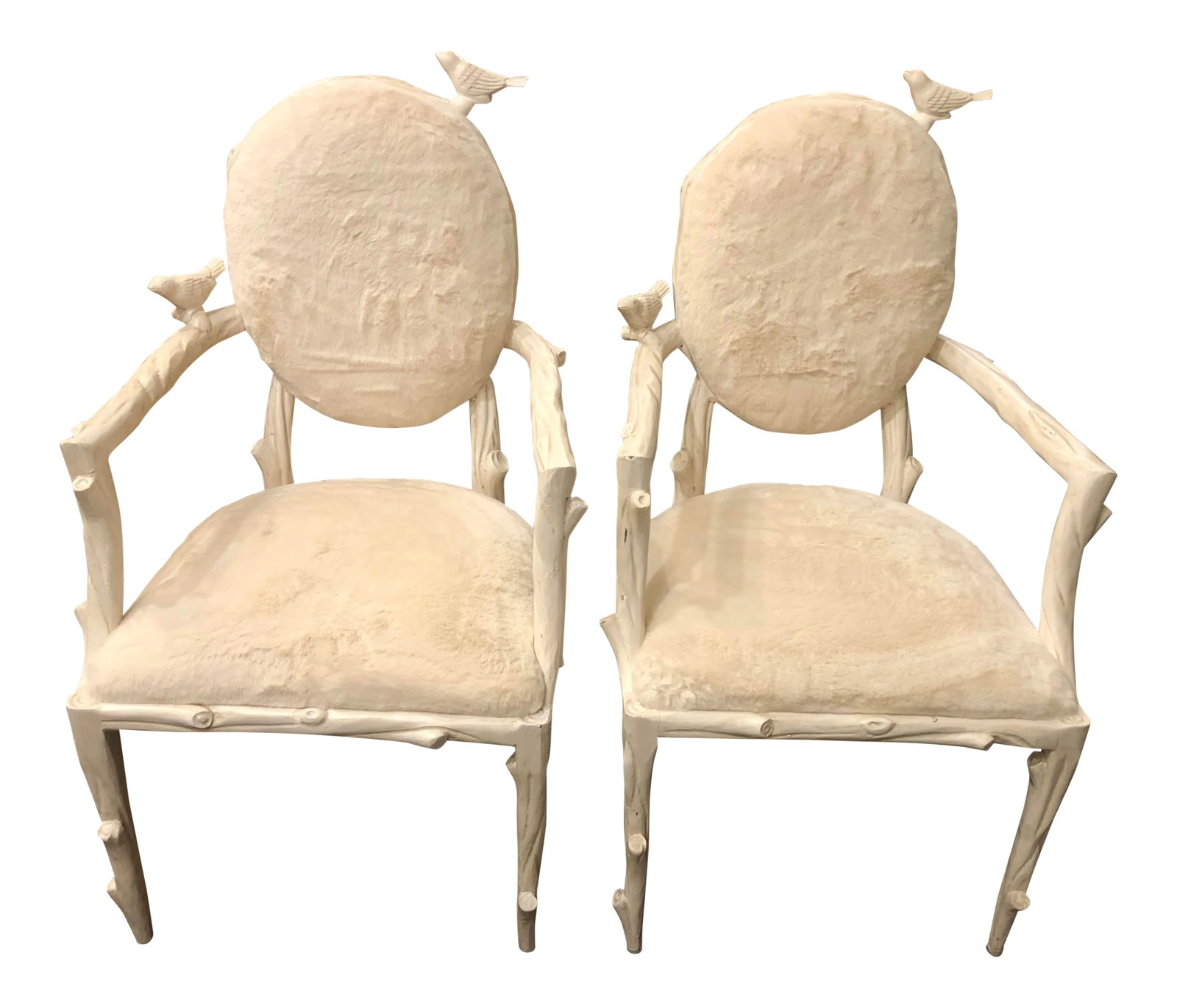 Children's Bird Motif Armchairs- A Pair: These whimsical children's armchairs feature sweet little birds on branch motif frames. The fabric is faux fur - plush, white softness. Condition: Imperfections: Some Imperfections Condition Notes: Gr
