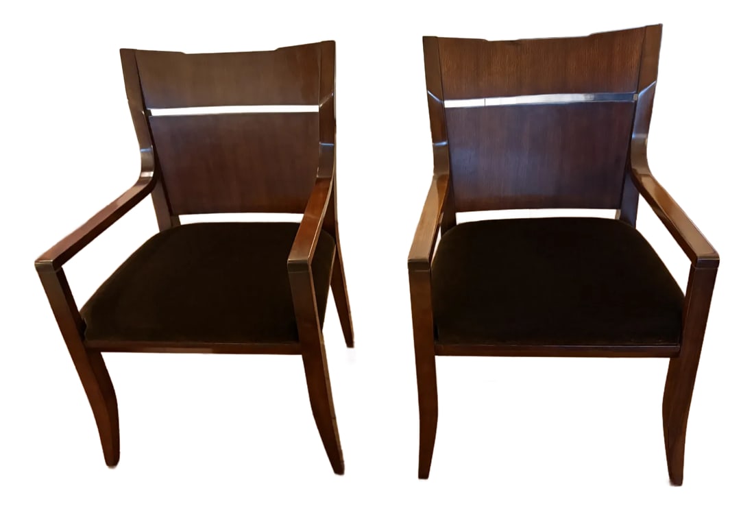 Bill Sofield for Baker Furniture Piedmont Arm Chairs- a Pair: Pair of Piedmont arm dining chairs. Designed by Bill Sofield for Baker Furniture. Walnut wood frame with dark brown mohair seats. Satin stain which beautifully showcases the wood grain. Saber legs and