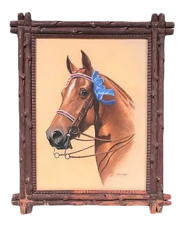 Horse Portrait w/ Hand-Carved Wood Frame: As described by : Circa 1940s original pastel portrait of a horse with blue ribbon, signed "L Richards" on lower right corner. Displayed in a hand-carved wood frame. Image size, 15"L x 20.75"H,