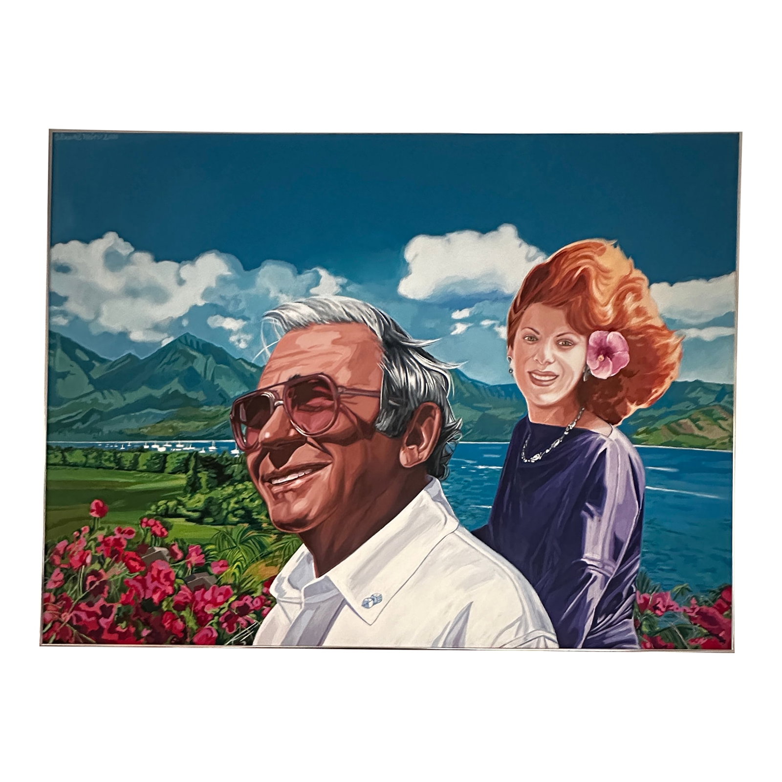 Large Original Pop Art Photorealistic Portrait by Suzanne Osterweil Weber 2000: LARGE ! 48" x 36" original painting in punchy bold color. Painted in acrylic and signed and date at top left. Framed in a thin edge chrome frame. Painted by Suzanne Osterweil Weber, 2000. Condition: