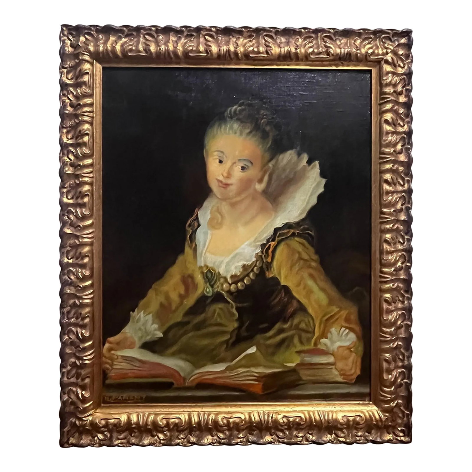 Mid-Century French Oil Painting in the Style of Jean-Honore Fragonard: L'Etude (The Study). Hand painted in the style of 18th Century French artist Jean-Honore Fragonard. A lovely example of the Rococo style, characterized by its use of light, brushwork, and subject