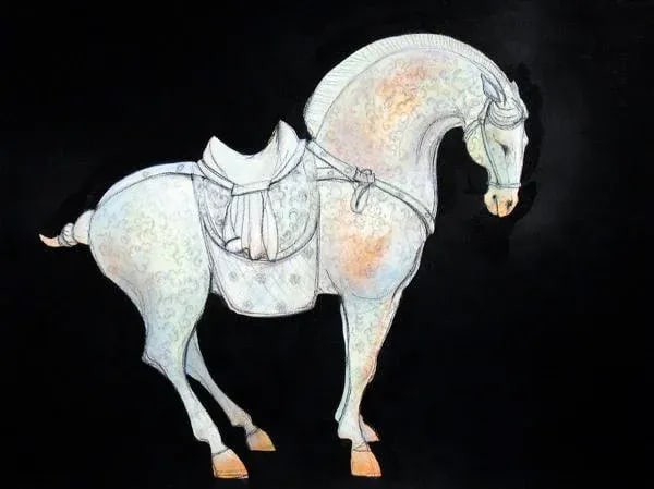 Framed Tang Blue Scroll III - 18 X 24 Work on Paper: This work on heavy watercolor paper is an homage to the horse and the artisans of the Tang dynasty. Inspired by the ceramic horses that were created in pairs during that time. Framed and ready to