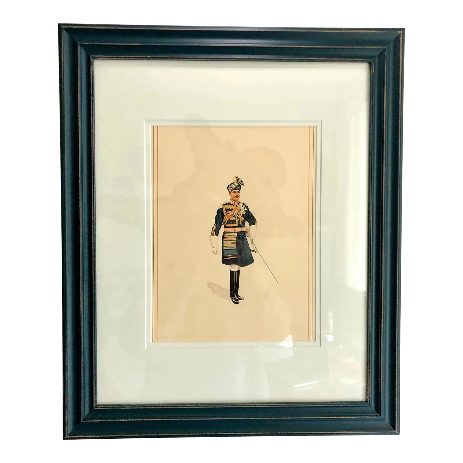 British Raj Soldier - 15th Lancer's 1937: British Raj Miniature Painting (watercolor on paper) by India National Award Winner Santosh Kumar Sharma. Acquired in India 2015. The British East India Company had extravagant soldier unforms as