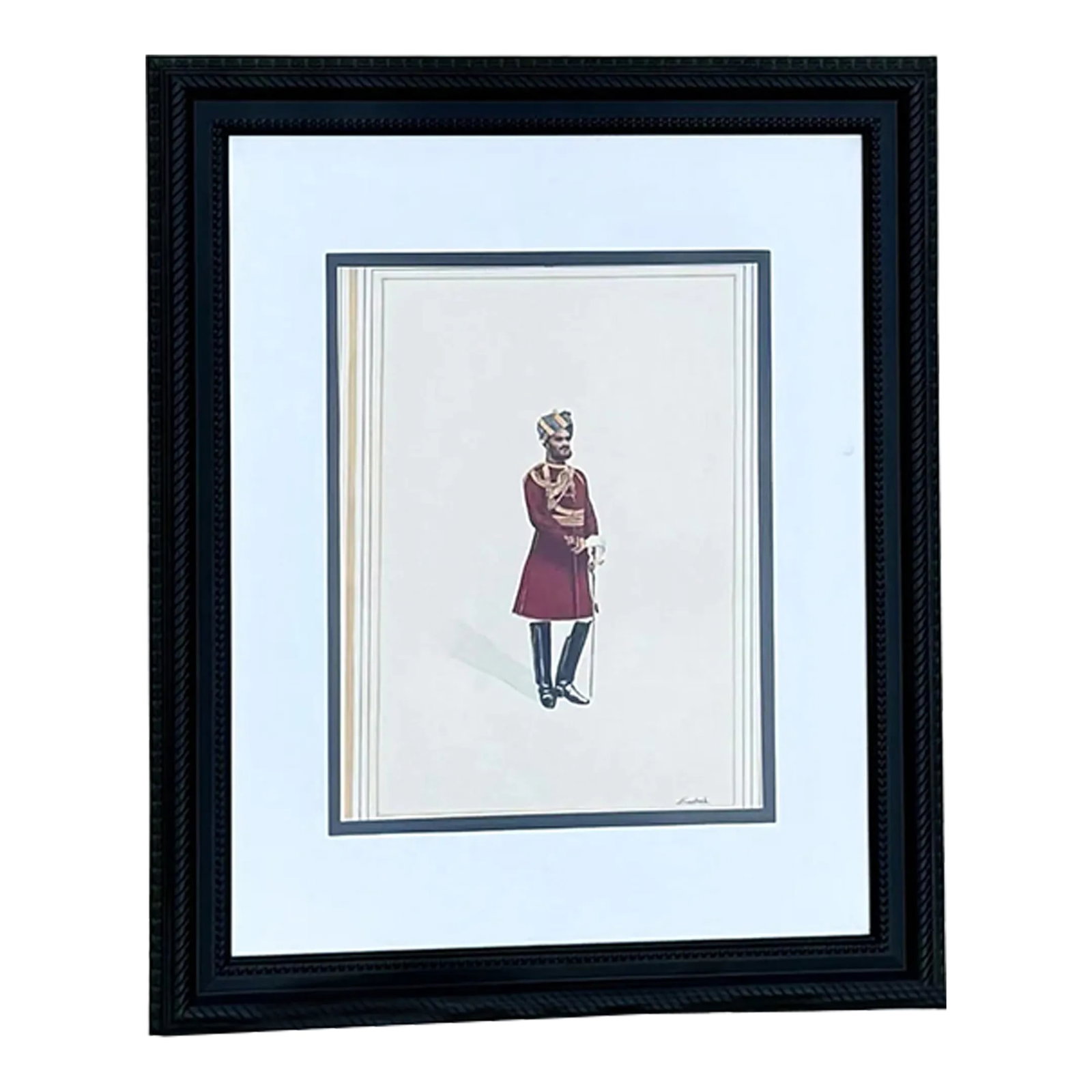 British Raj Soldier - Governor's Body Guard Madras 1912: British Raj Miniature Painting (watercolor on paper) by India National Award Winner Santosh Kumar Sharma. Acquired in India 2015. The British East India Company had extravagant soldier unforms as
