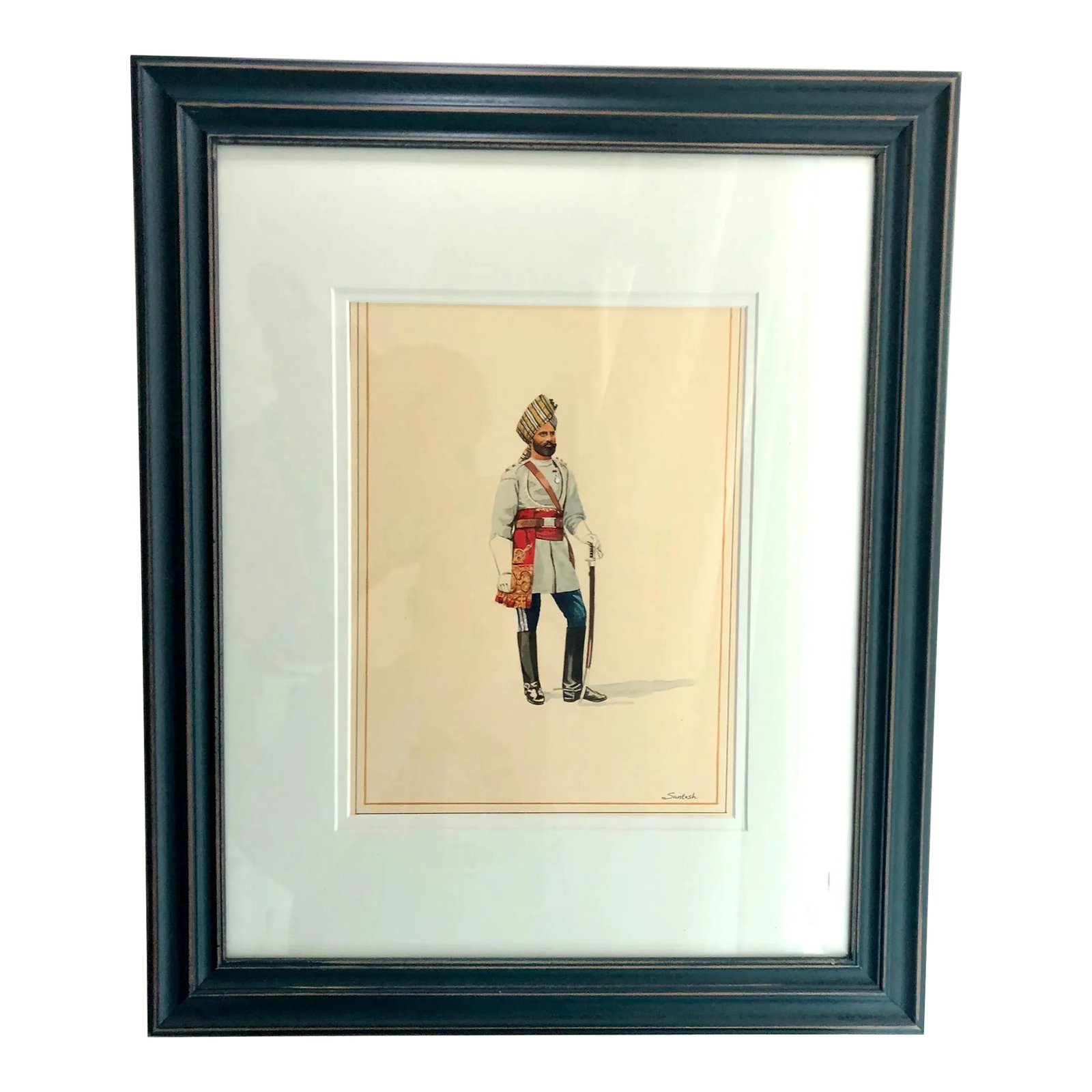 British Raj Soldier - First Madras Lancer's 1887: British Raj Miniature Painting (watercolor on paper) by India National Award Winner Santosh Kumar Sharma. Acquired in India 2015. The British East India Company had extravagant soldier unforms as