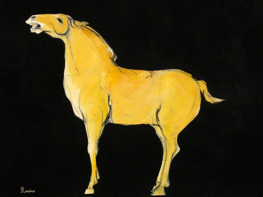 Sienna Tang - Works on Paper: This work on heavy watercolor paper is an homage to the horse and the artisans of the Tang dynasty. Inspired by the ceramic horses that were created in pairs during that time. 16 x 20. Condition: