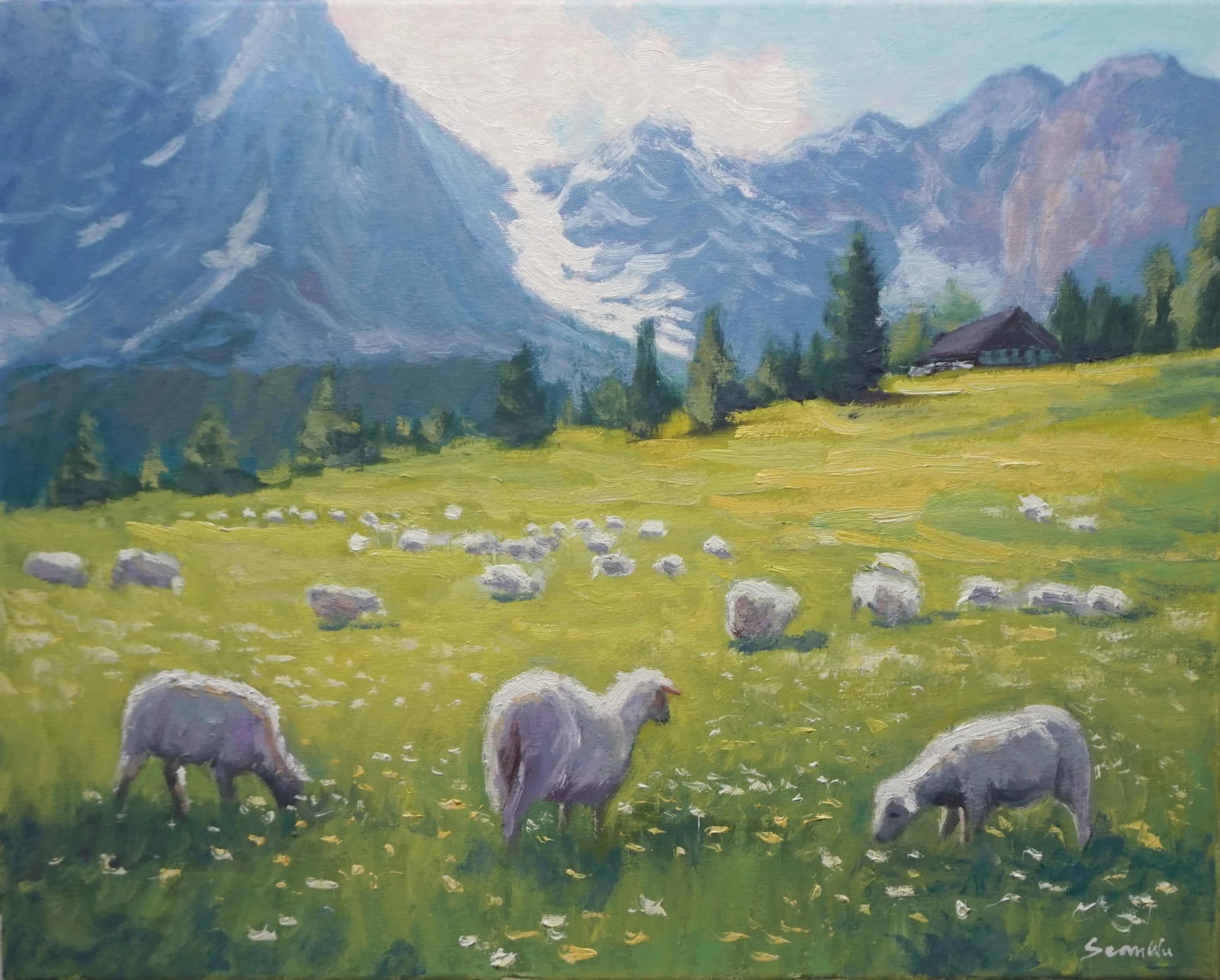 Sean Wu Original Oil Painting of Sheep: Original oil painting by Sean Wu, Sheep on mountain pasture Condition: Imperfections: No Imperfections Origin: United States Materials & Techniques: Oil Paint Winning bidders will be contacted