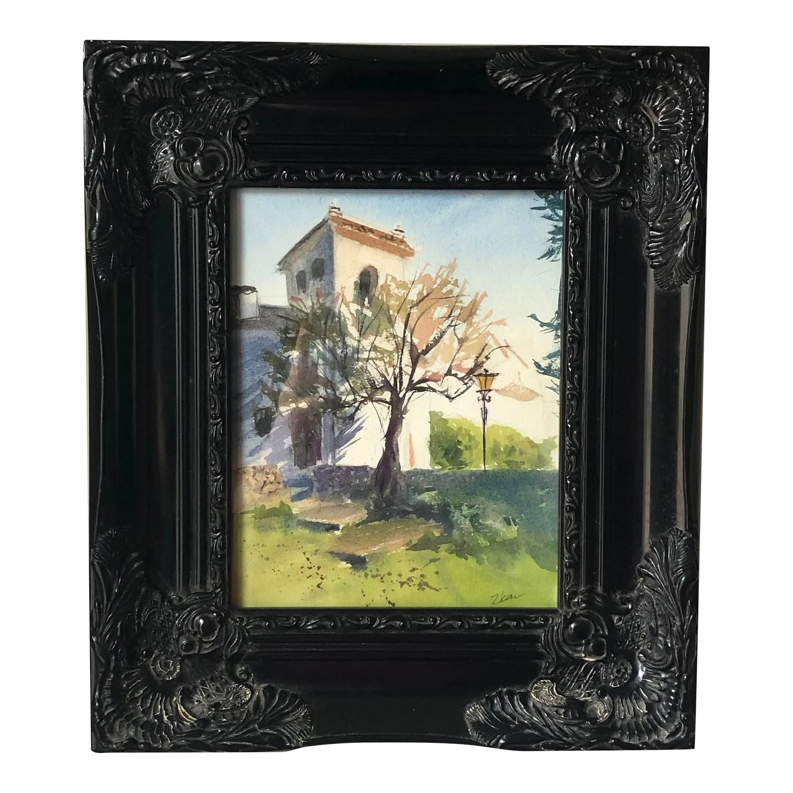 Original Watercolor "House Painting, Italy Landscape" - Zhanna Kan: This lovely Original Watercolor "House Painting, Italy Landscape" by Zhanna Kan (2021) and encased in.a heavy, ornate Black wooden frame is ready to hang in your home. The beautiful cream-colored